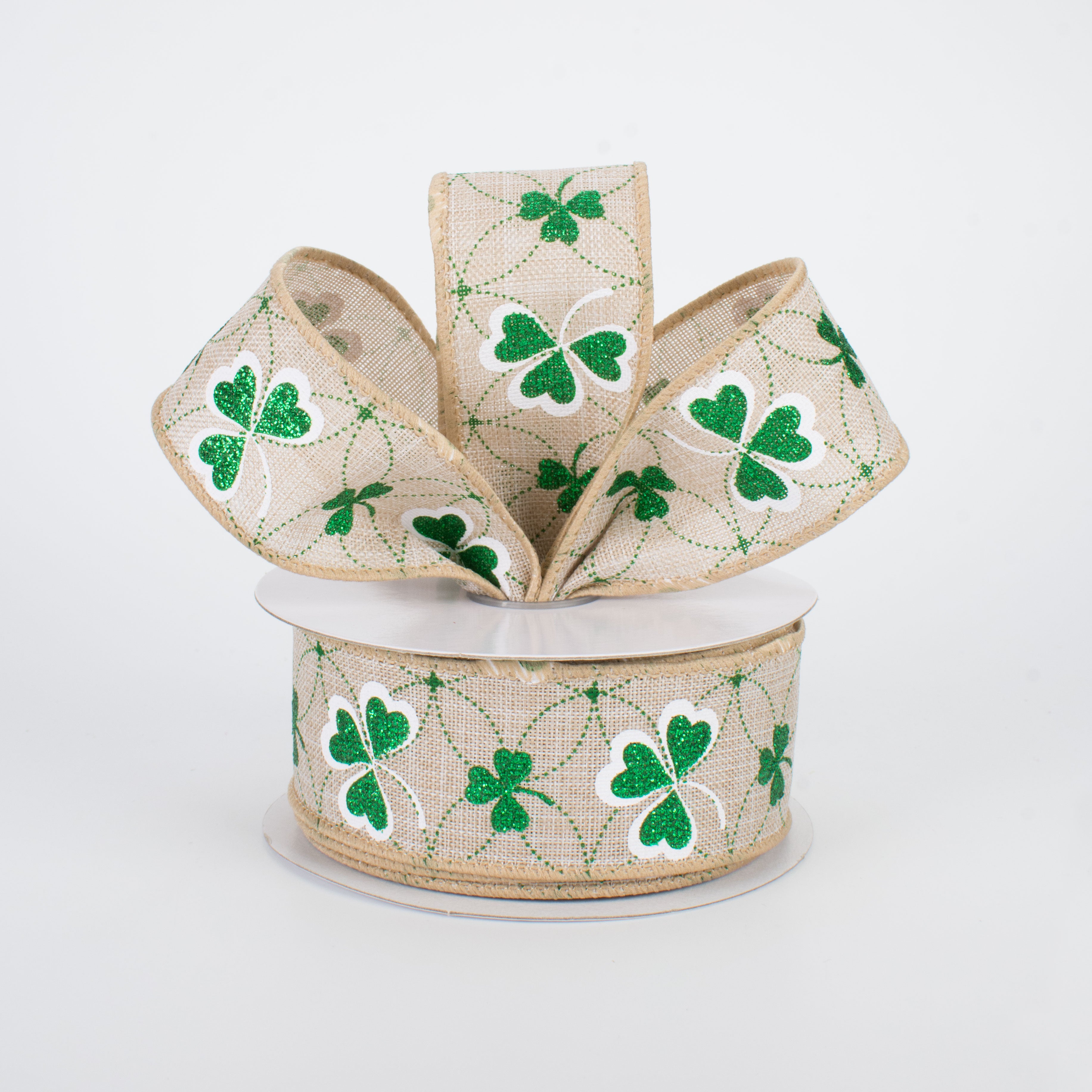 1.5 Inch Glitter Shamrock Ribbon - Natural Green St. Patrick's Day Decorations (10 Yards) for Gift Wrapping, DIY Crafts, Party Decorations