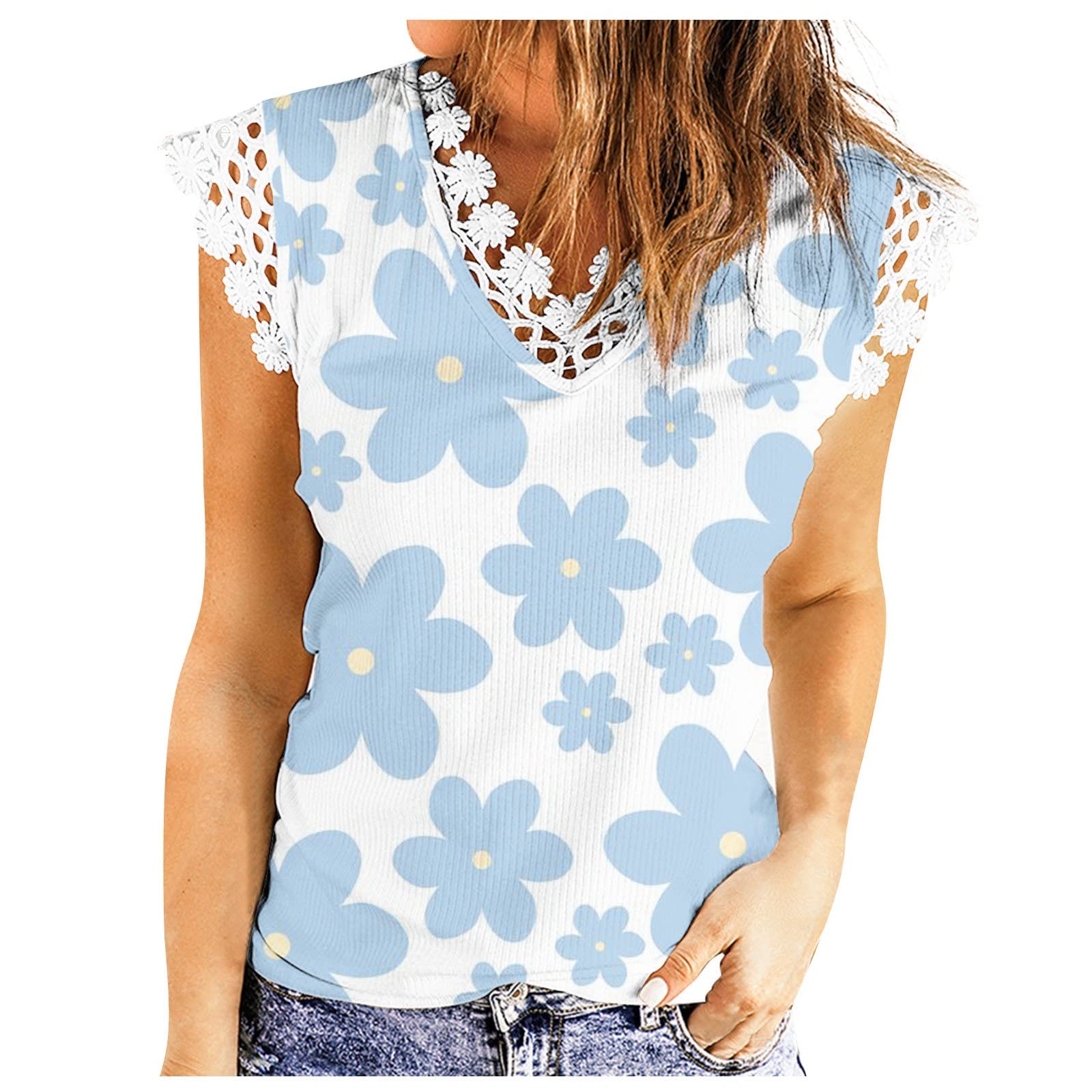 Women's Casual V-Neck Lace Trim Blouse - Sexy Patchwork Tee with Solid Color & Printed Design | Perfect for Date Night, Office Wear & Weekend Outfits