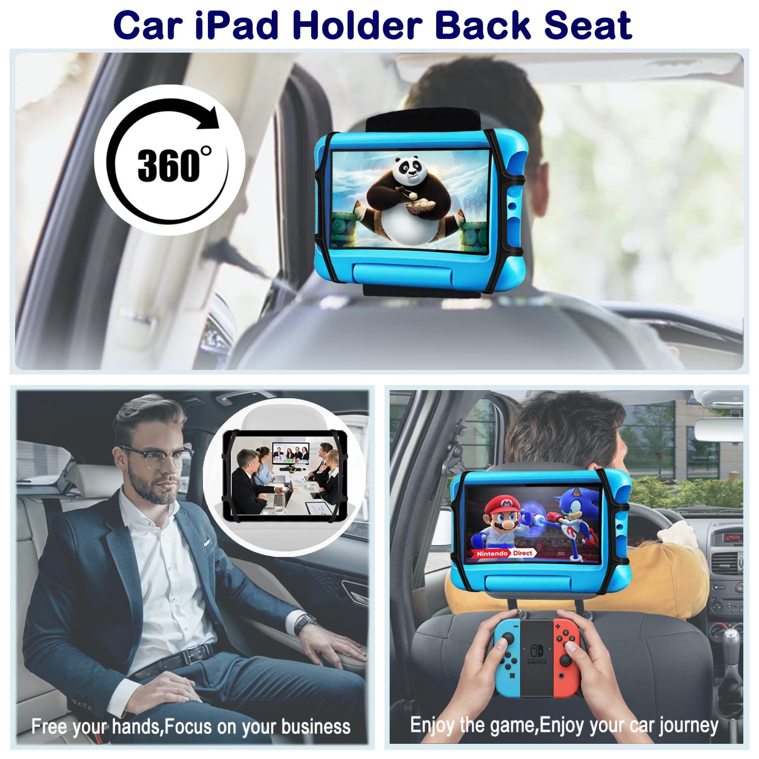 2 Pack Universal Car Tablet Holder for Kids - Adjustable Headrest Mount for iPad & 7-11