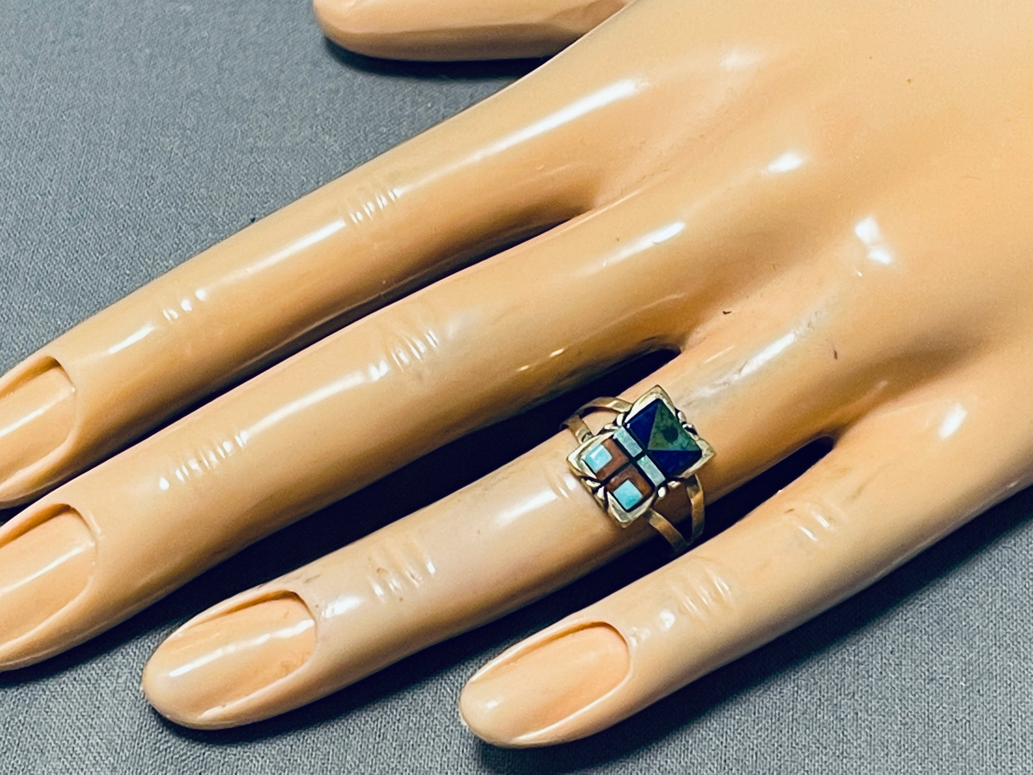 14K Gold Vintage Signed Navajo Turquoise Inlay Ring - Authentic Native American Jewelry for Women, Handmade Southwest Style, Perfect for Boho Fashion & Special Occasions