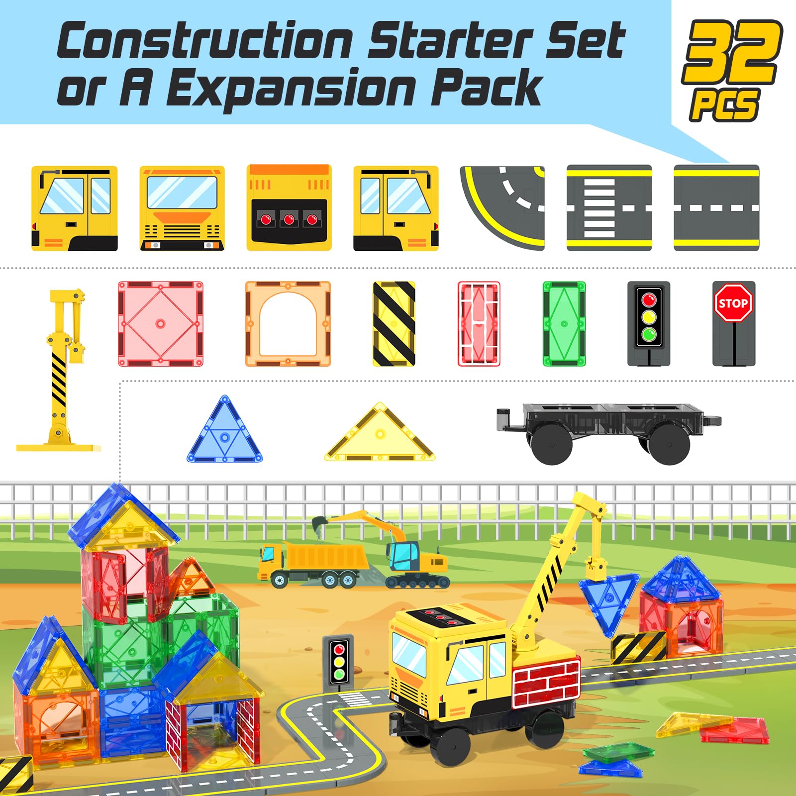 Magnetic Building Blocks STEM Toys for Kids Ages 3-8 - 120pcs Construction Set with Crane, Trucks & Road Pieces - Educational Sensory Learning Toys for Boys & Girls - Perfect for Birthday, Christmas Gifts & Classroom STEM Activities
