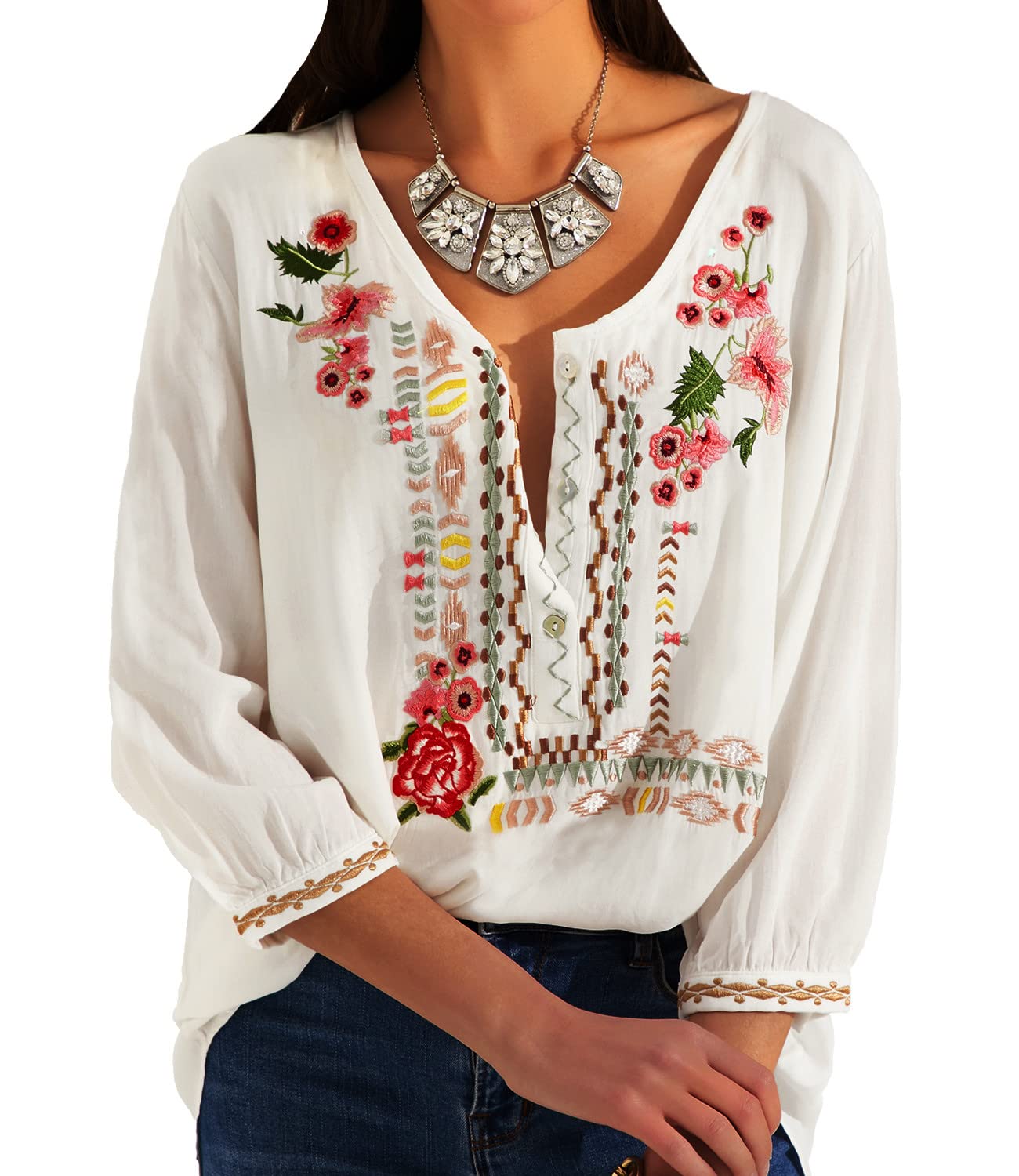 Higustar Mexican Embroidered Tops for Women - Bohemian Hippie Tunic Shirts, Plus Size Boho Peasant Blouses for Fiesta & Casual Wear | Perfect for Festivals, Beach Vacations & Summer Outfits