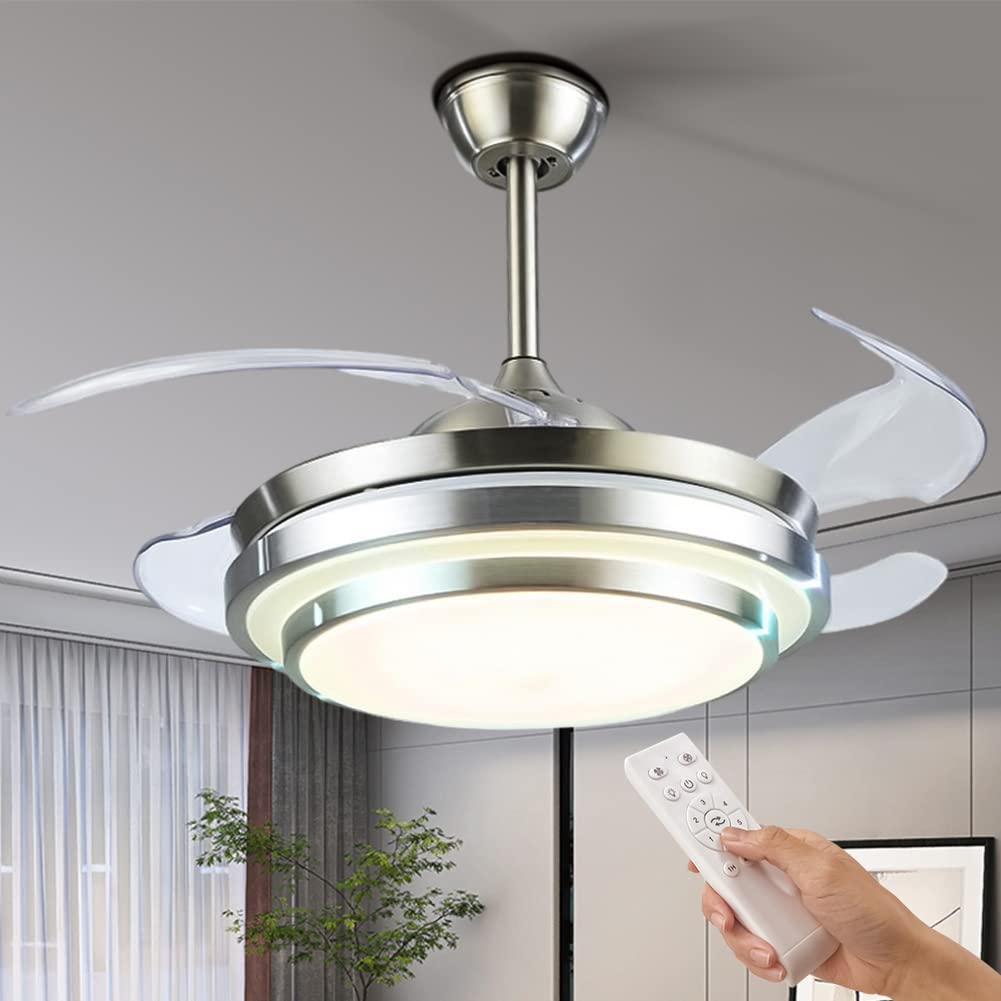 Modern Retractable Ceiling Fan with Remote Control - 12 Speed Adjustable LED Chandelier Fan, Reversible for Summer & Winter - Perfect for Dining Room, Living Room & Bedroom