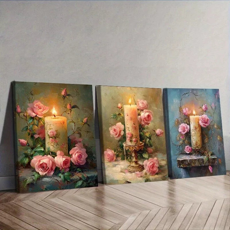 3-Piece Pink Roses & Candle Wall Art Set - Framed Canvas 40x60cm - High Quality Print - 100% Australian Made - Ready to Hang - Perfect for Living Room, Bedroom & Home Decor