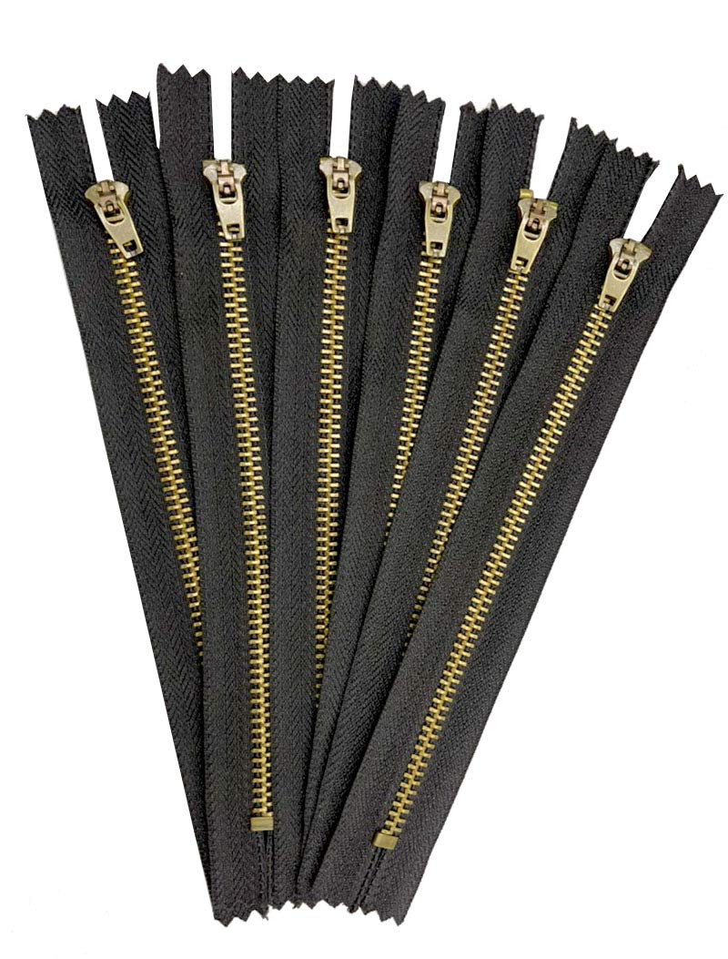 AMORNPHAN 6-Pack Heavy Duty 5 Inch Metal Zippers - #5 Black Tape with Antique Brass Teeth & Spring Lock Slider for Jeans, Denim Pockets, Clothing & Sewing Crafts (5