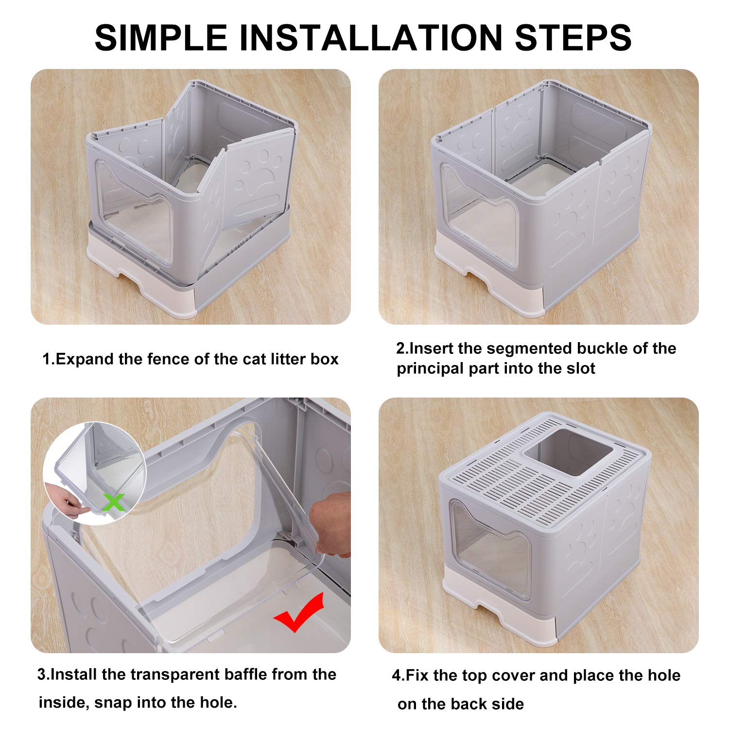 GENENIC Large Foldable Cat Litter Box with Lid - Top Entry Design for Anti-Splashing - Includes Plastic Scoop (Grey) | Perfect for Small Spaces & Travel | Odor Control for Home & Apartments