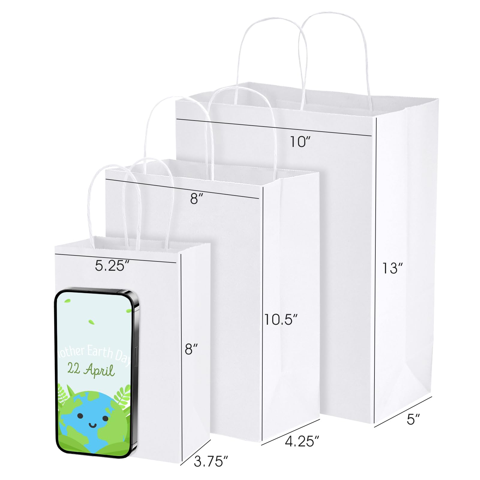 Premium White Kraft Paper Gift Bags with Handles - 5.25