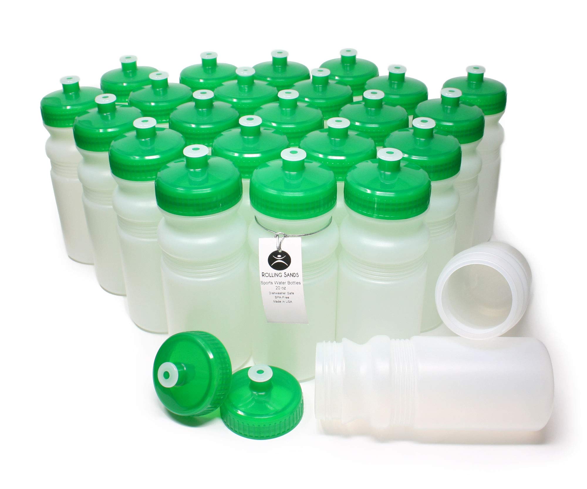 Rolling Sands 20oz BPA-Free Sports Water Bottles 24-Pack | Clear Frost Bottles with Green Lids | Dishwasher Safe | Made in USA | Perfect for Gym, Hiking, Camping & Office Hydration