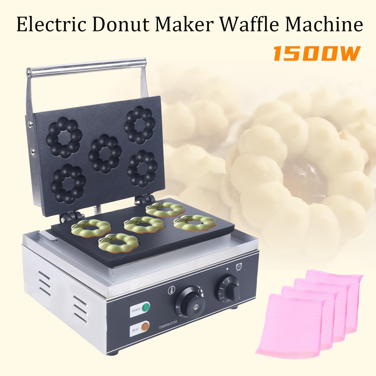 **Commercial 1500W Electric Donut Maker Machine - 5 Holes Double-Sided Non-Stick Waffle & Doughnut Baker for Professional Kitchens, Bakeries & Cafes (110V) - Perfect for Breakfast, Desserts & Party Snacks**