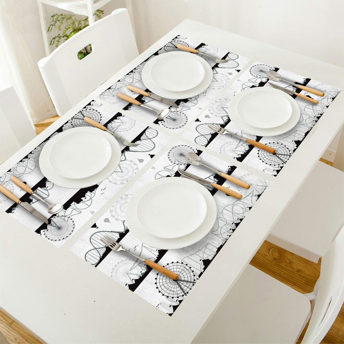 4-Pack White and Black Cotton Linen Placemats - Heat Resistant, Non-Slip & Washable Table Mats for Dining, Kitchen Decor - Retro Ferris Wheel & Hot Air Balloon Design - Perfect for Holiday Banquets, Dinner Parties, and Everyday Family Meals