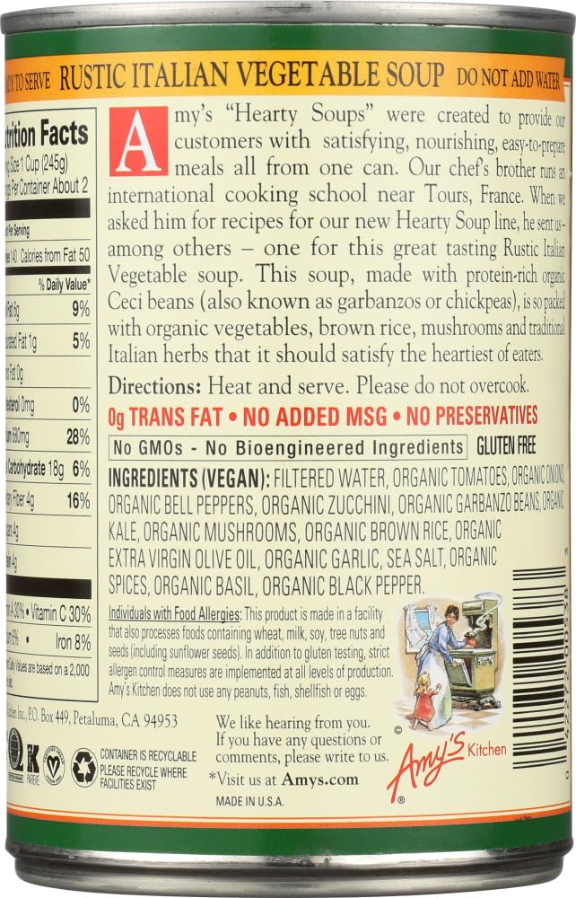 Amy's Organic Hearty Rustic Italian Vegetable Soup - 397g (Pack of 6) | USDA Certified, Non-GMO, Vegan | Perfect for Quick Lunches, Camping & Emergency Food Storage