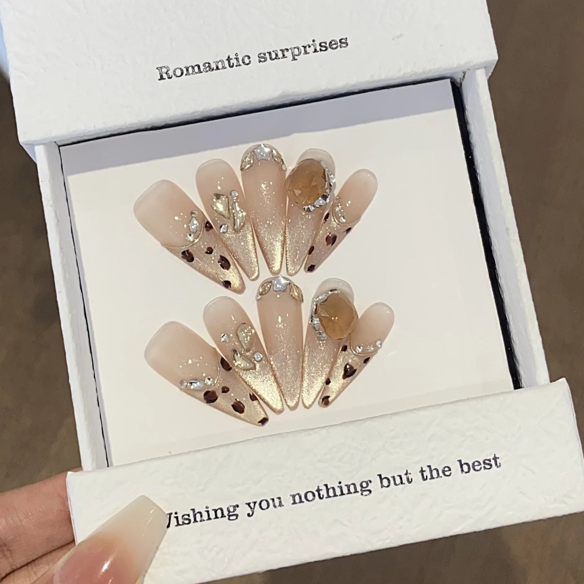 10Pcs Long Stiletto Cat Eye Press On Nails - Handmade Gel False Nails with Shiny Diamond & Leopard Print Design | Perfect for Parties, Weddings, and Special Occasions