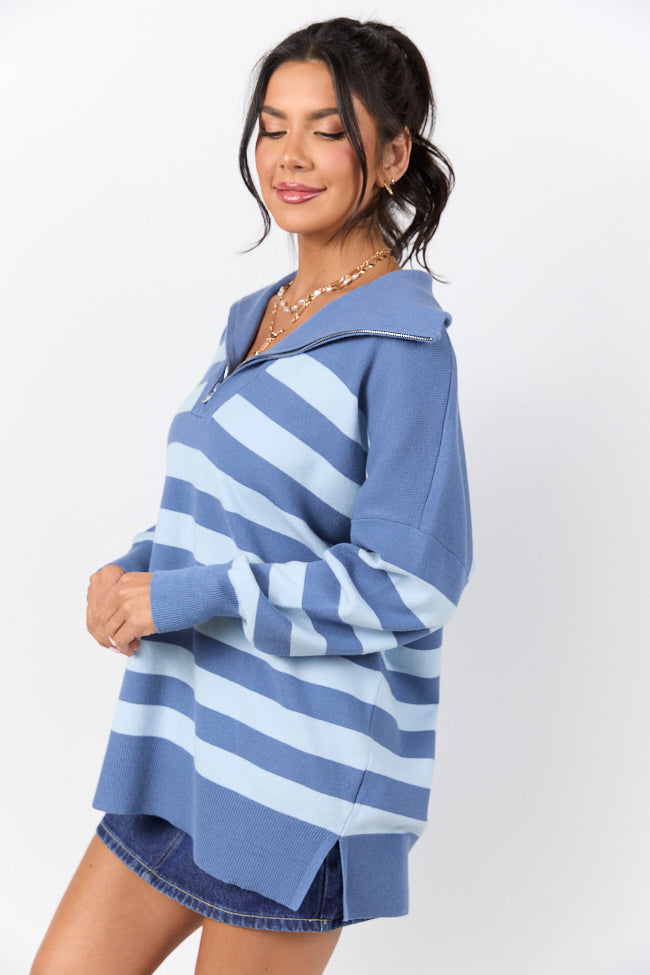 Navy and Blue Stripe Quarter Zip Pullover - Soft & Stylish Men's Sweater for Casual Wear, Office & Outdoor Activities
