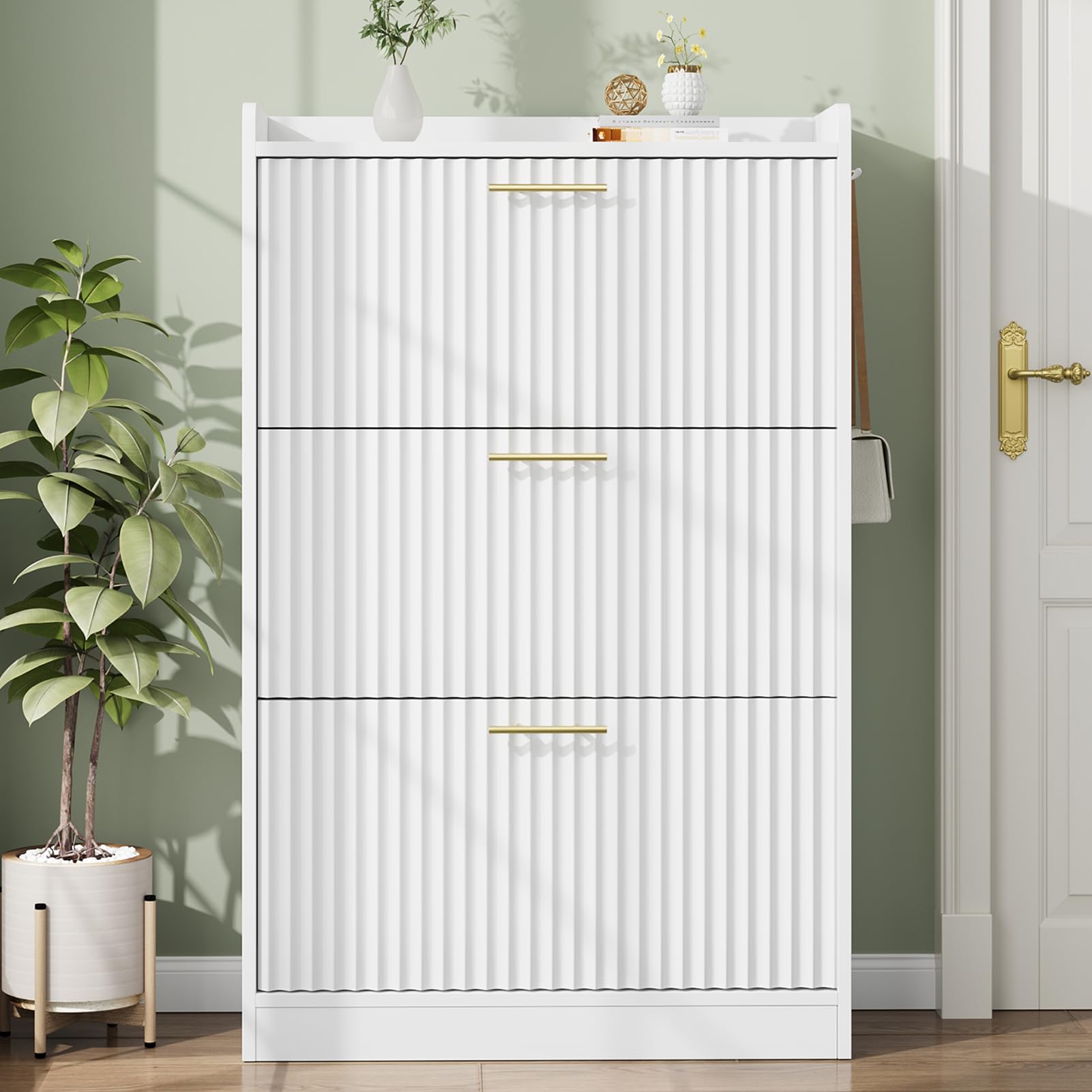 Modern Fluted Shoe Storage Cabinet with 3 Flip Drawers - Large Free Standing Shoe Organizer for Entryway, Foyer & Hallway - Hidden Shoe Rack for Home Organization (White) | Perfect for Small Spaces & Clutter-Free Living