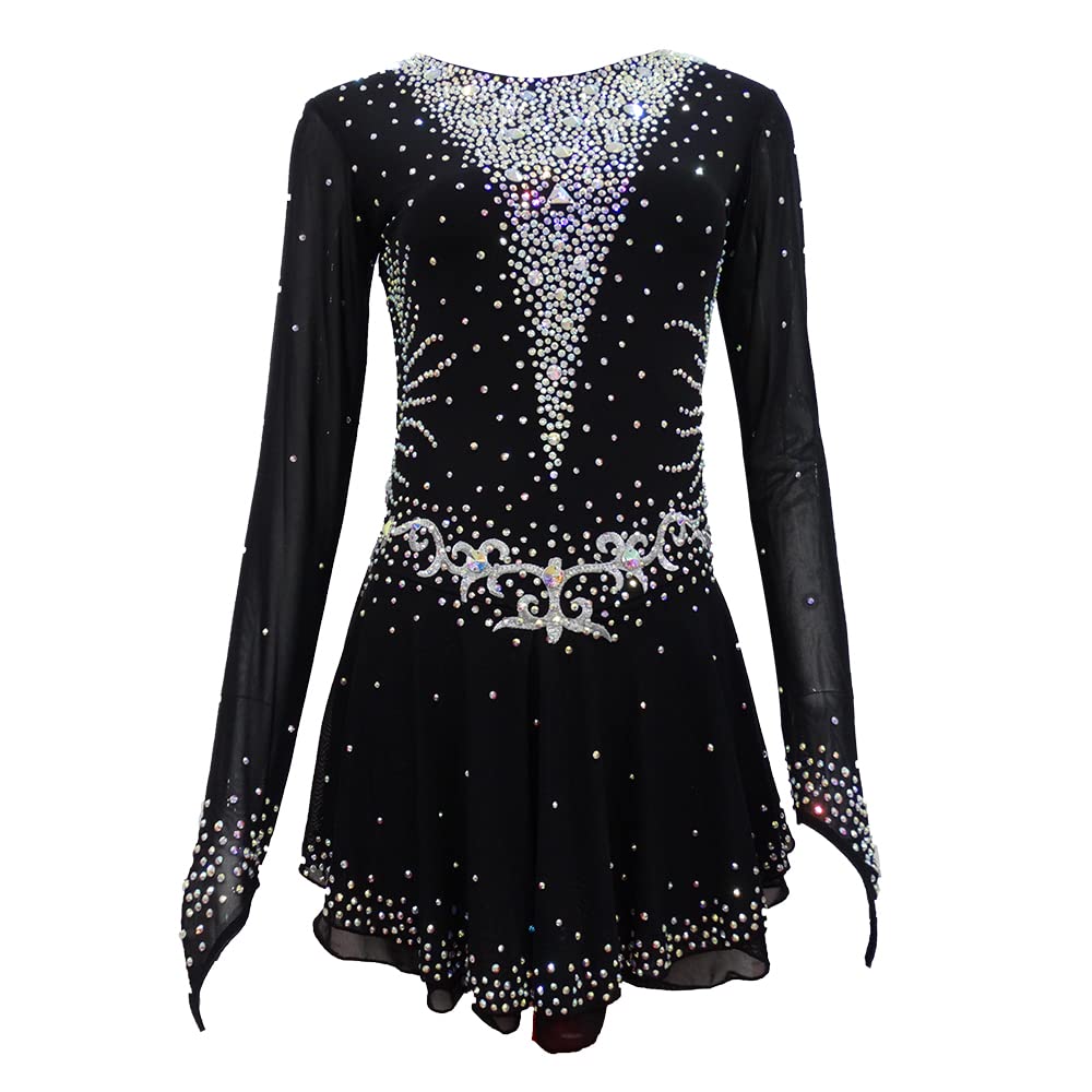 LIUHUO Black Rhinestone Figure Skating Dress for Girls & Women - Competition & Dance Performance Outfit - Perfect for Ice Shows, Recitals, and Gymnastics