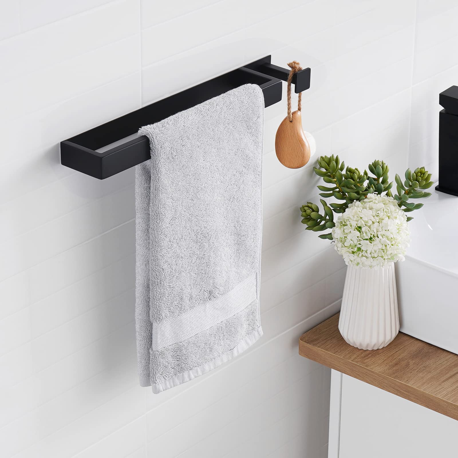 Stainless Steel Towel Bar with Hook - Black Bathroom Towel Holder for Hand & Rolled Towels, Wall Mounted (BTH218S40DM-BK) - Perfect for Kitchen, Bathroom & Laundry Room Organization