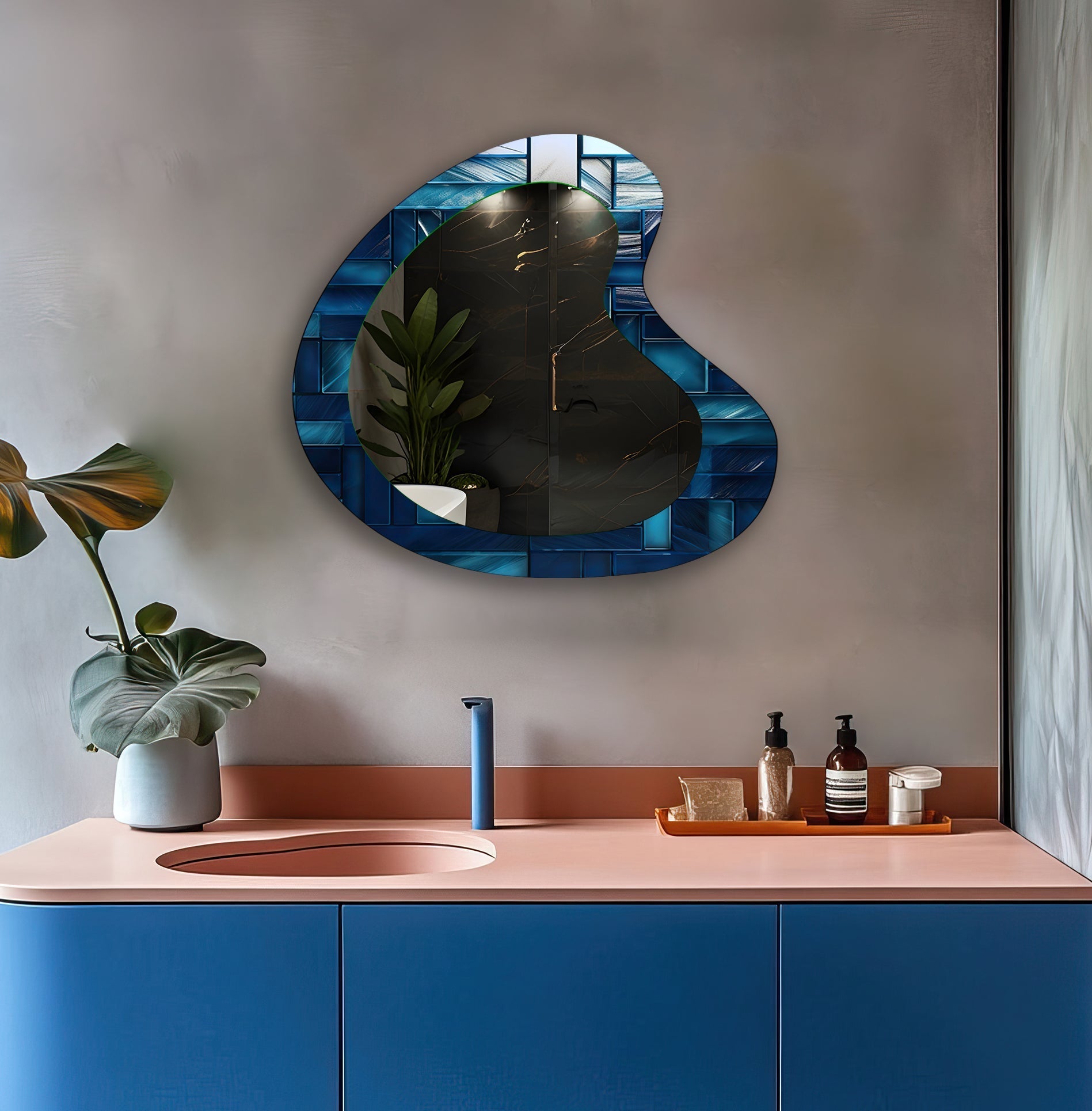 Blue Mosaic Tiles Modern Wall Mirror - Handcrafted Bathroom Vanity Mirror with Stainless Steel Frame - Perfect for Bathroom, Bedroom, and Living Room Décor