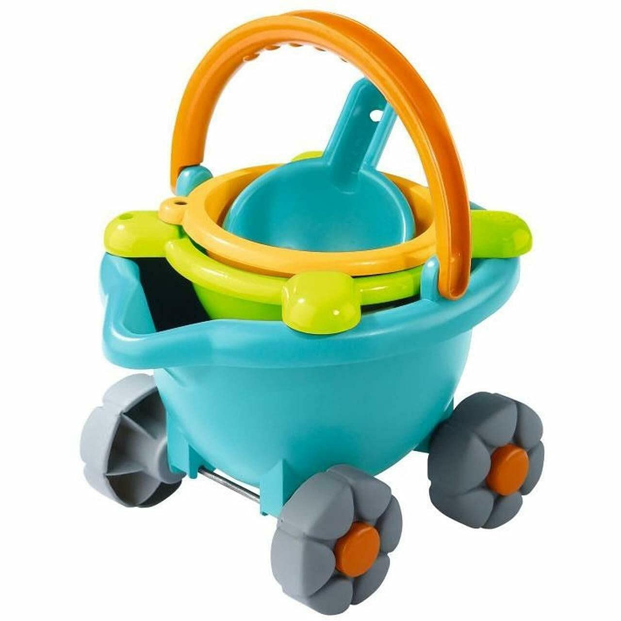 HABA Sand Bucket Scooter - 4 Piece Nesting Beach Toy Set for Toddlers 1-3 Years - Includes Sand Bucket, Sieve, Shovel & Rolling Pail - Perfect Summer Beach Toys for Kids - Great for Sandcastles, Seaside Play & Outdoor Activities