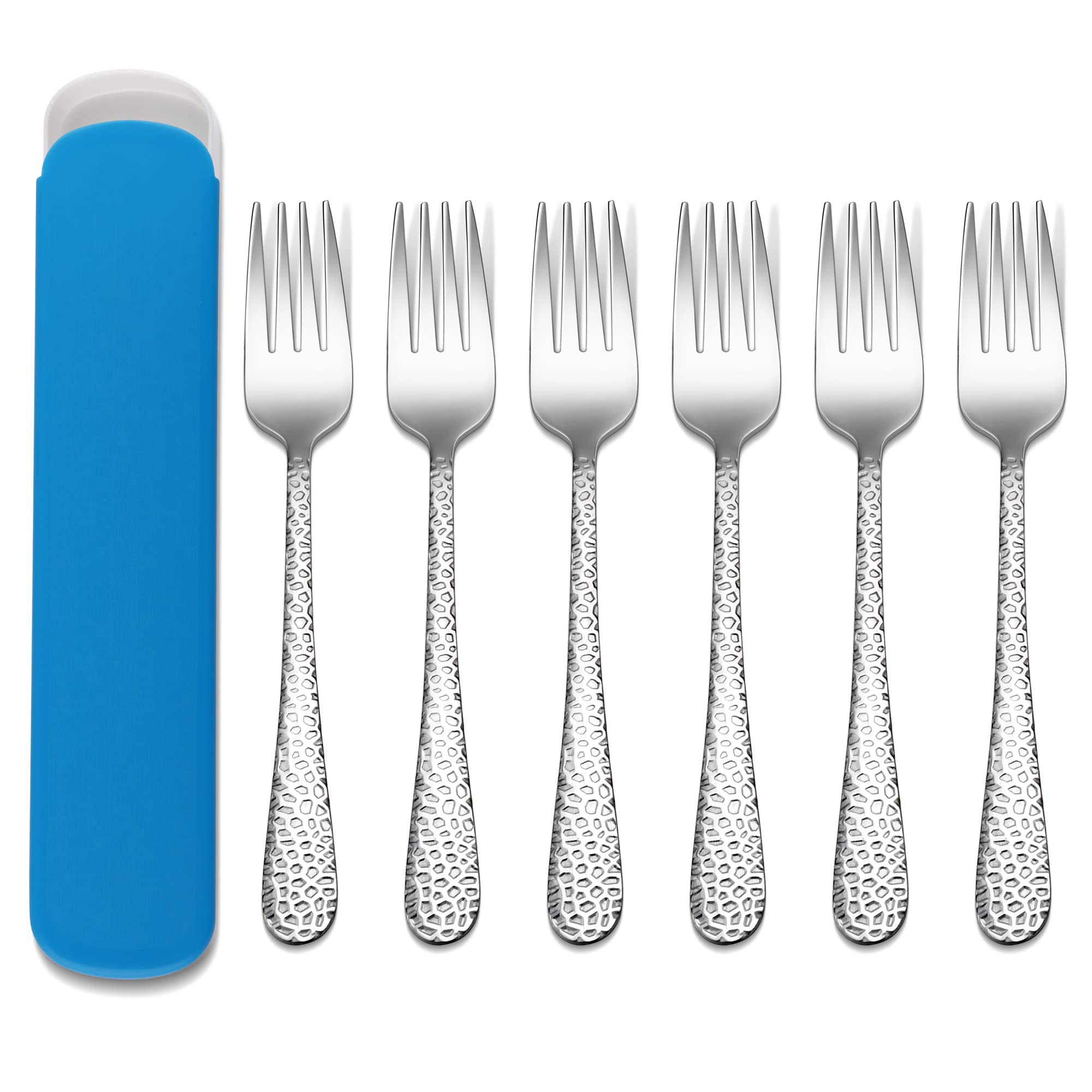 Joyfair 6-Piece Stainless Steel Kids Forks Set - Toddler Safe Utensils with Blue Storage Case | Durable, Rust-Free & Dishwasher Safe Cutlery for Self-Feeding | Perfect for Home, School Lunchboxes & Travel (Hammered Adult-Look Design)