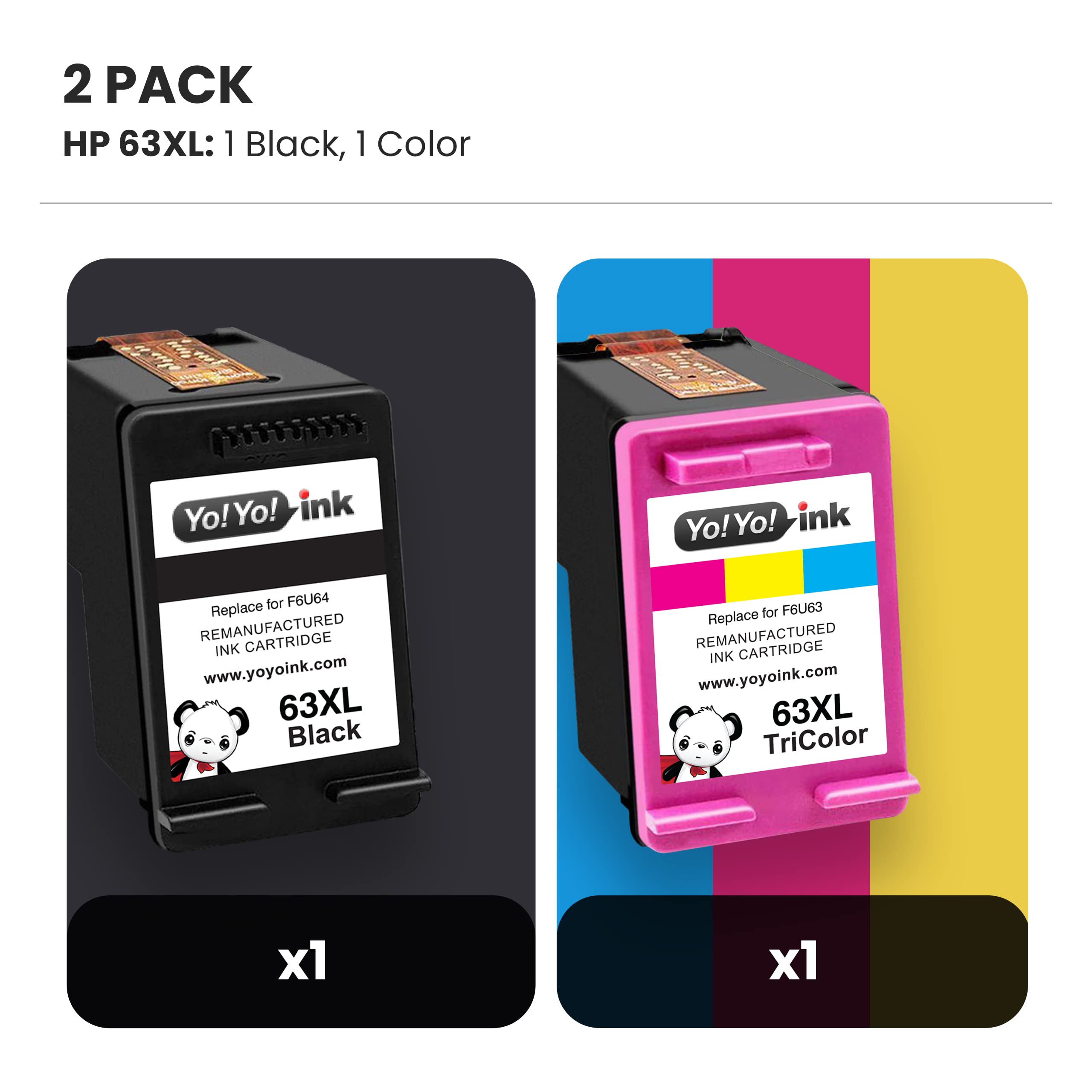 YoYoink Remanufactured HP 63 Ink Cartridge Combo Pack (1 Black, 1 Color) - Replacement for HP 63XL - Compatible with HP 3830, Officejet 4650/4652, Envy 4520, Deskjet 1112/2130 Printers - Perfect for Home & Office Printing Needs