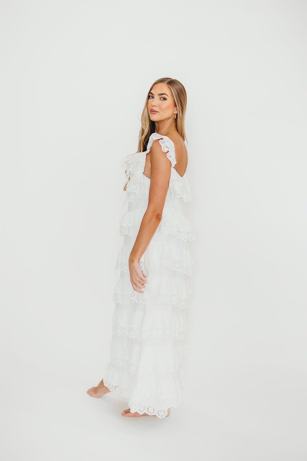 Mikayla 100% Cotton Lace and Gauze Contrast Tiered Maxi Dress in Off White - Elegant Boho Summer Beach Wedding Party Dress for Women