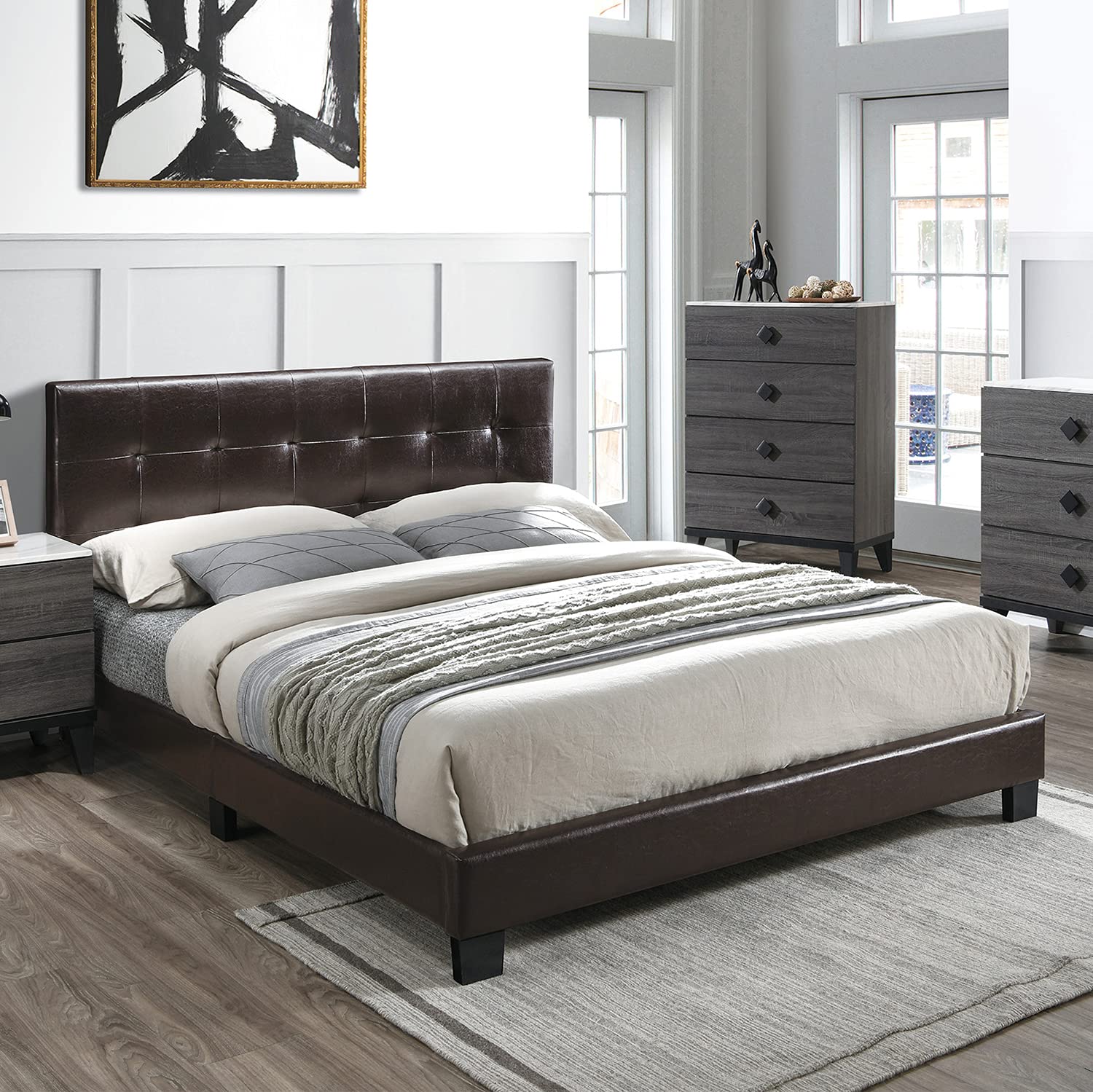 Poundex Twin Faux Leather Upholstered Bed Frame - Brown Upholstered Platform Bed with Wooden Slats - Perfect for Small Bedrooms, Guest Rooms & Dorm Rooms