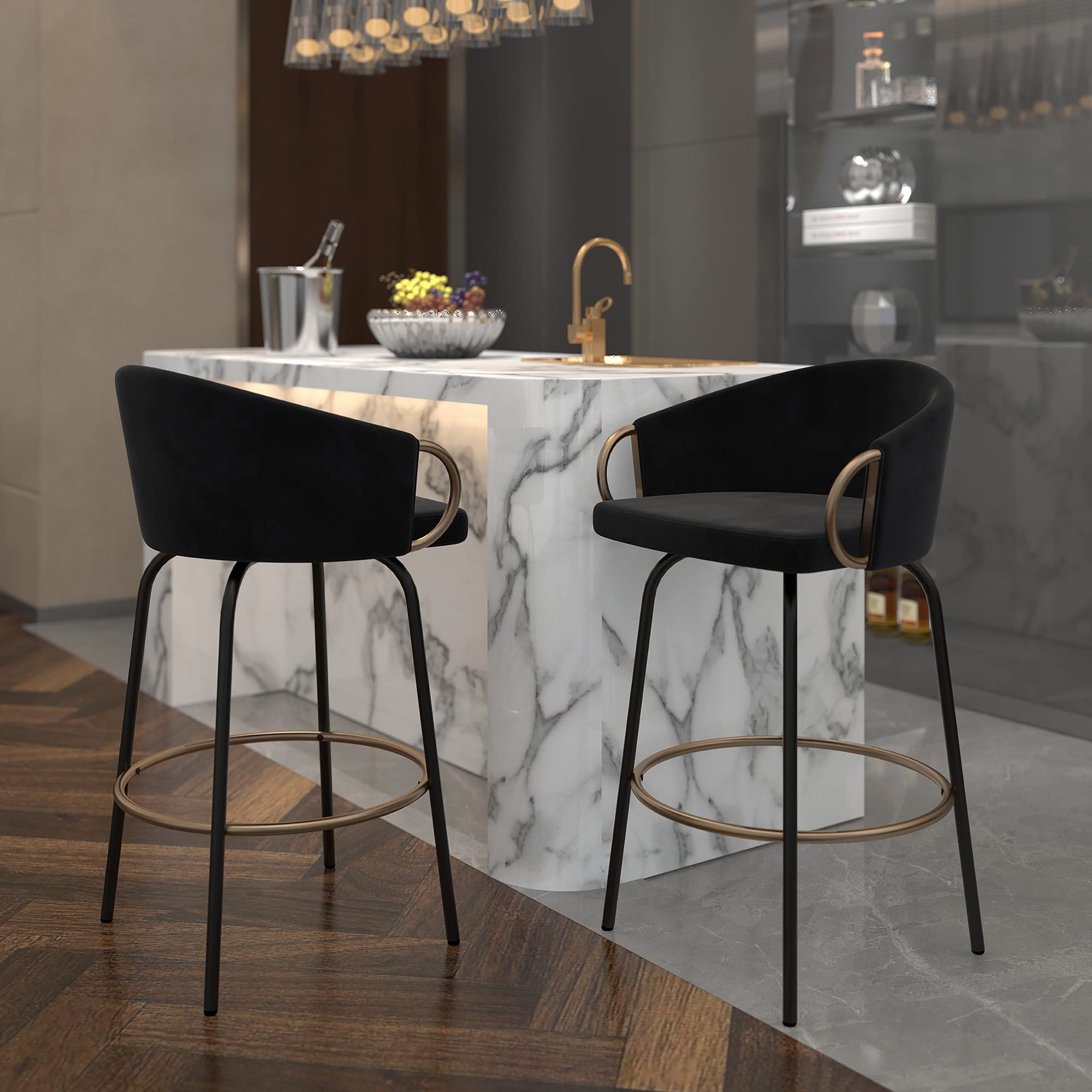 Set of 2 Modern Velvet & Metal 26-Inch Black Counter Stools - Perfect for Kitchen Islands, Breakfast Bars & Home Decor