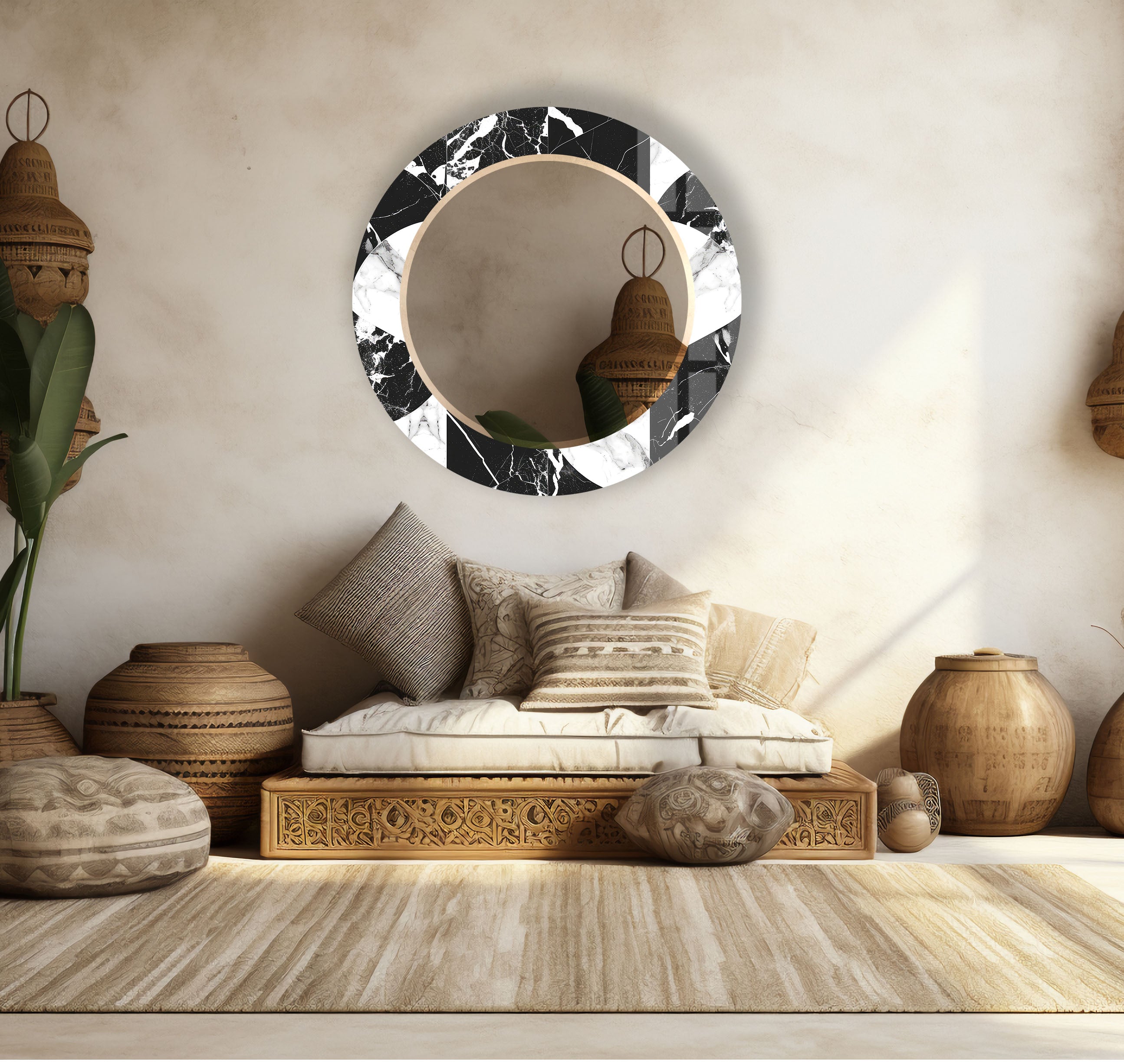 Black & White Marble Round Mirror - Modern Elegant Wall Decor for Living Room, Bedroom & Bathroom | Stylish Home Accent for Contemporary Interiors