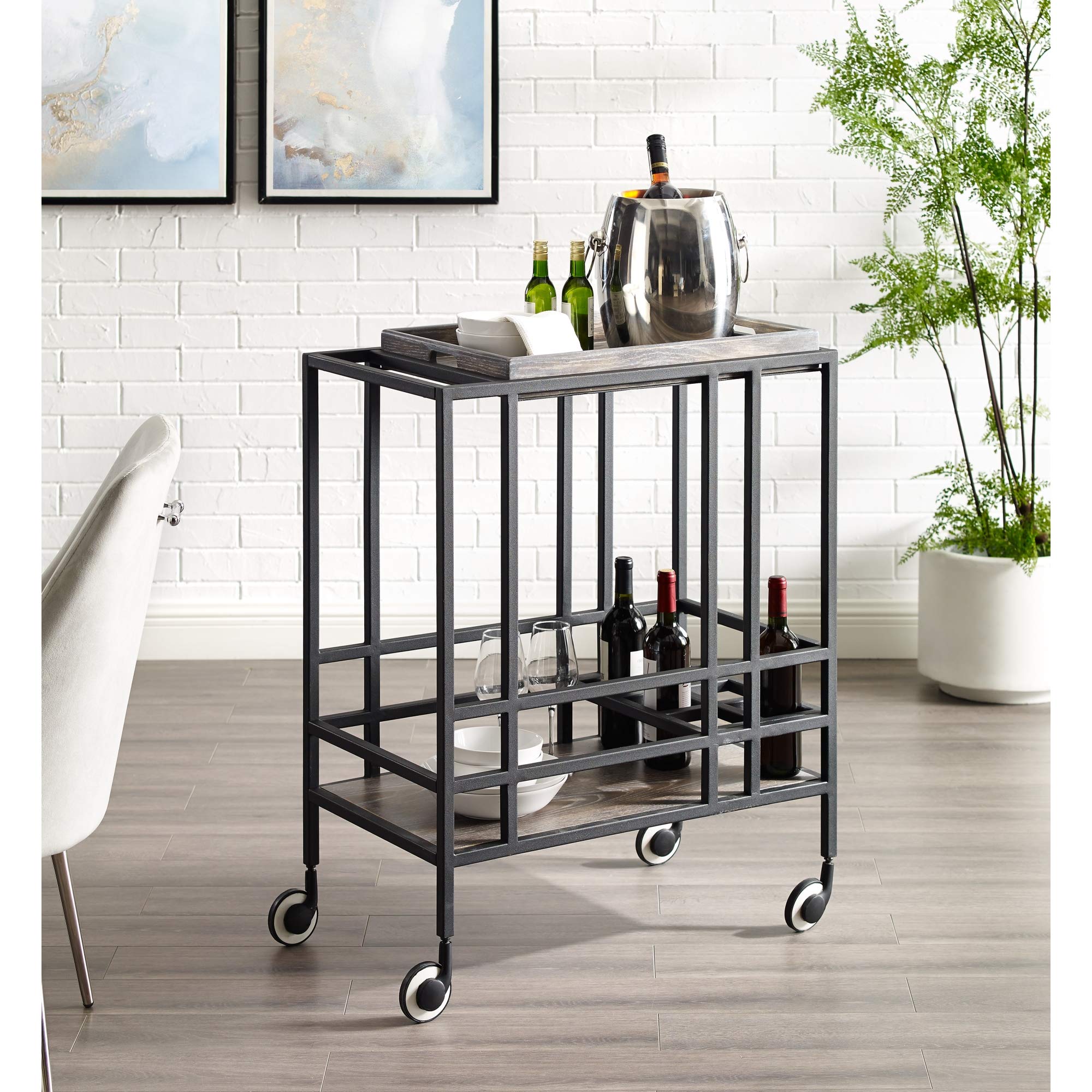 Inspired Home Grey Bar Cart with Removable Serving Tray & Wine Bottle Storage - Modern Rolling Bar Cart for Living Room, Dining Room, or Home Bar - Inspired by Ron Design with Smooth Casters
