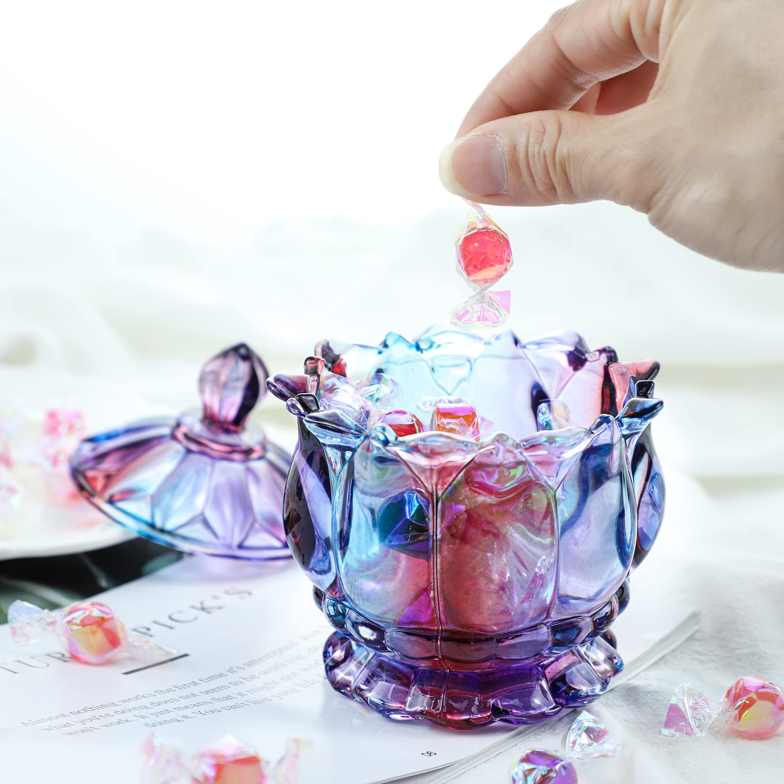 Royal Embossed Clear Glass Apothecary Jar with Lid - 7oz Wedding Candy Buffet Container, Crystal Jewelry Storage Box, Food Storage Jar (Flower Purple) - Perfect for Party Decor, Candy Display, Bathroom Organizer & Home Decor