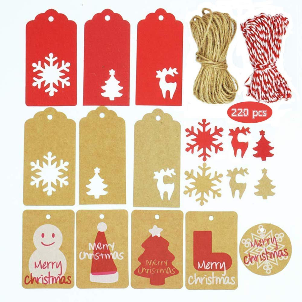 220 PCS Kraft Paper Tags with Twine - Eco-Friendly Hang Tags for Christmas, Arts & Crafts, Wedding, Holiday - Perfect for Gift Wrapping, DIY Projects & Party Decorations