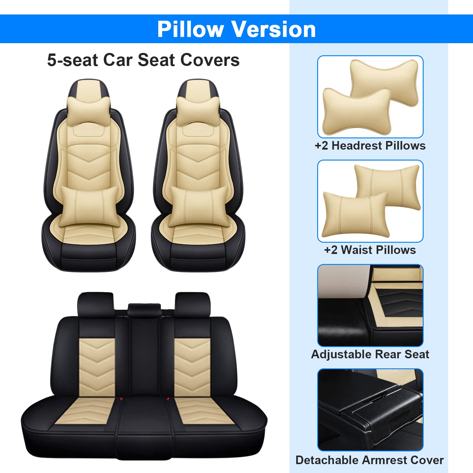 Universal Car Seat Covers Full Set with Headrest & Lumbar Support Pillow - 5-Seat Vehicle Protection for Front & Rear Seats - Premium Black & Beige Seat Cushions - Perfect for Family Road Trips, Commuting & Car Interior Protection