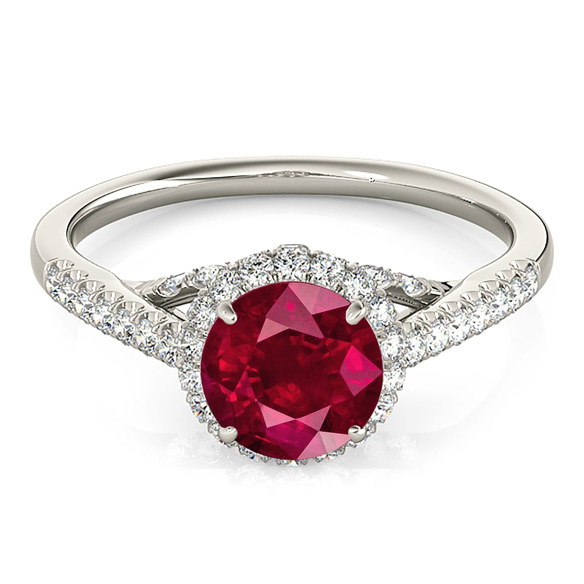 1.35 Carat Genuine Ruby Ring with Double Halo & Diamond Band - Elegant Wedding, Engagement & Anniversary Jewelry Gift for Women