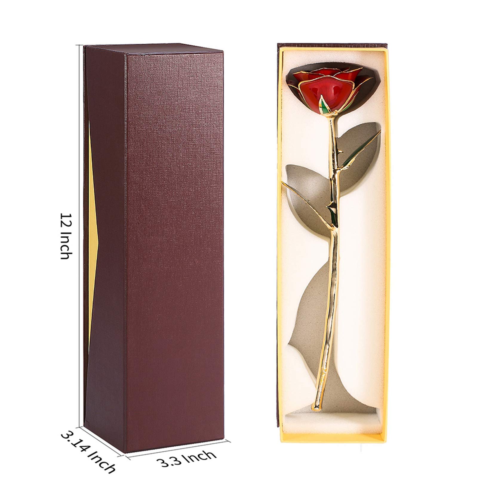 24K Gold Dipped Rose in Gift Box - Real Golden Rose with Long Stem & Green Leaf - Luxury Valentine's Day Gift for Her - Perfect for Anniversaries, Weddings & Romantic Occasions