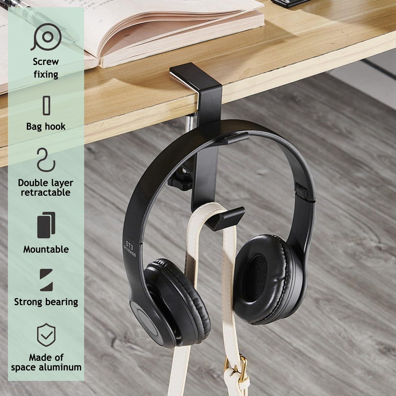 No-Hole Desk Hooks for Headphones & Keys - Space-Saving Organizer for Student Desks, Office & Dorm Rooms - Perfect for Hanging Bags, Cables & Accessories