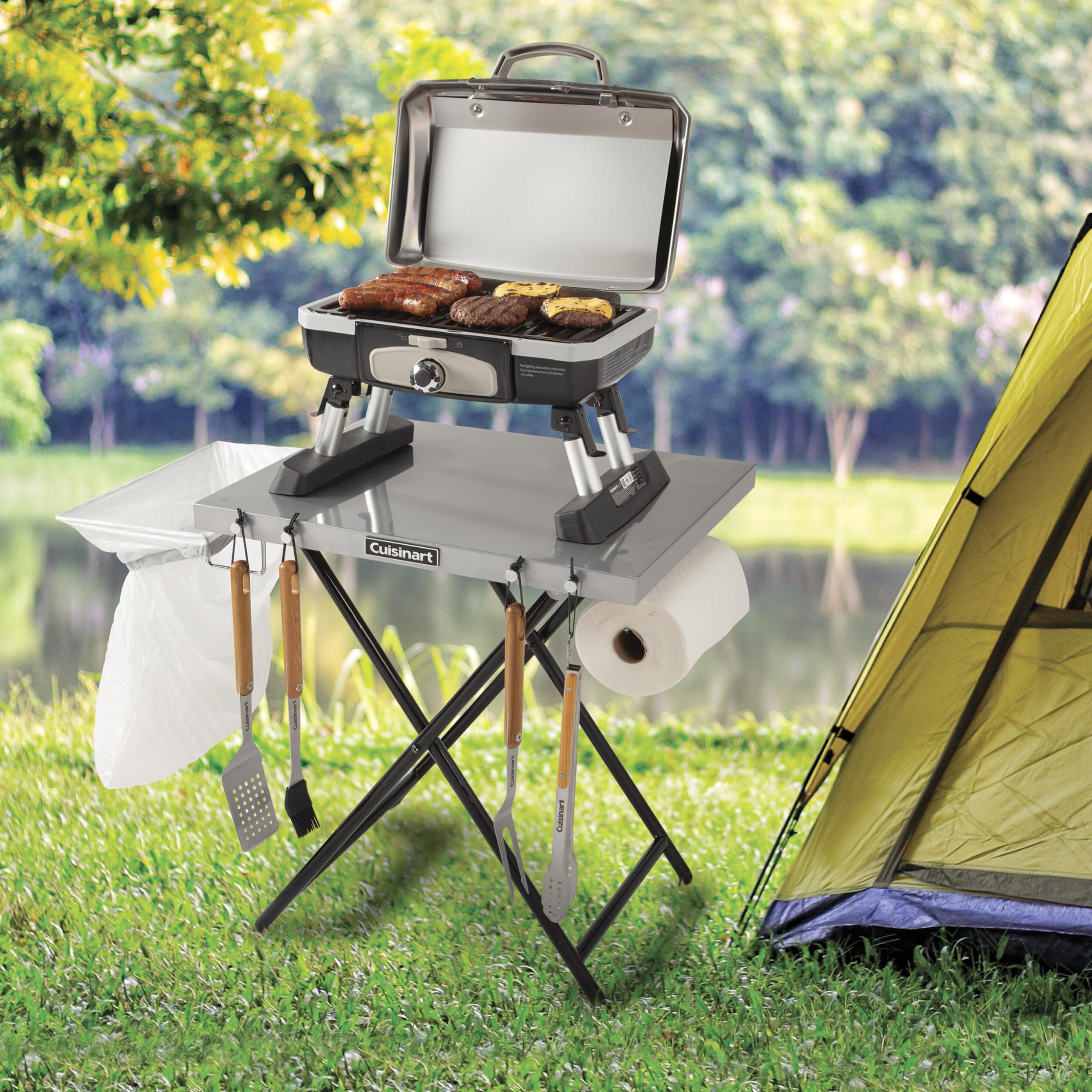 Cuisinart Fold 'n Go Prep Table - Portable Folding Table & Grill Stand with Tool Hooks, Trash Bag Holder & Paper Towel Rack | 24