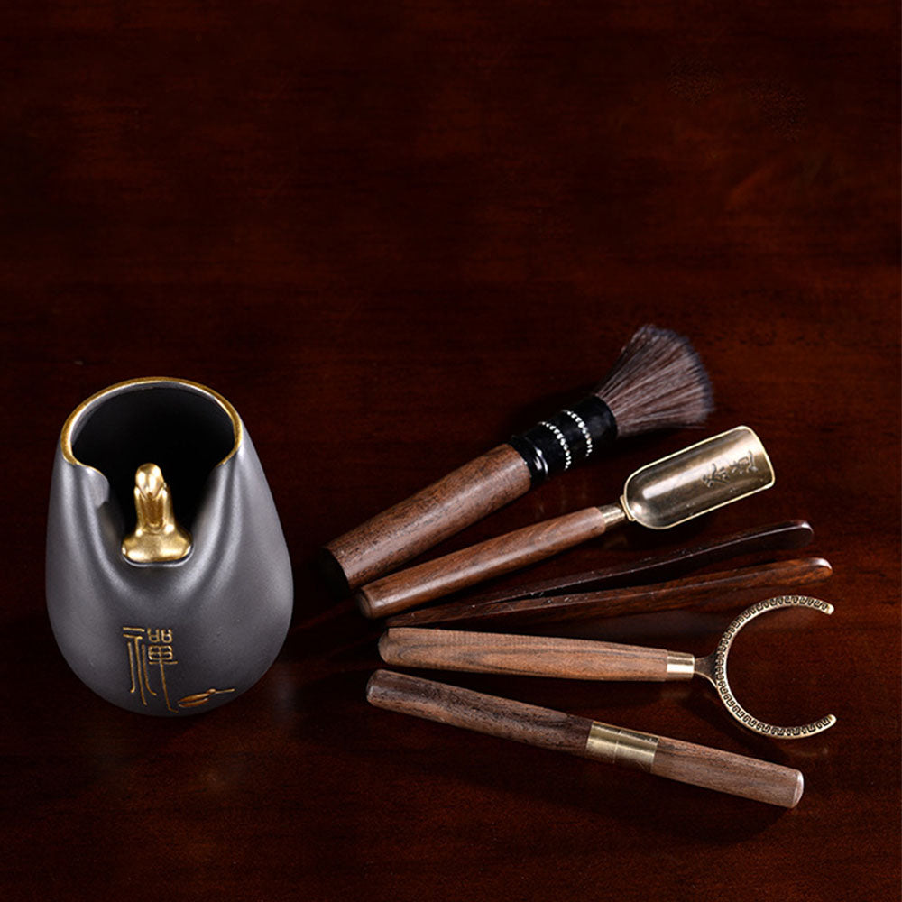 Handcrafted Ebony Tea Set with Coarse Pottery Monk Holder - Traditional Japanese Tea Ceremony Accessories for Matcha & Loose Leaf Tea Brewing