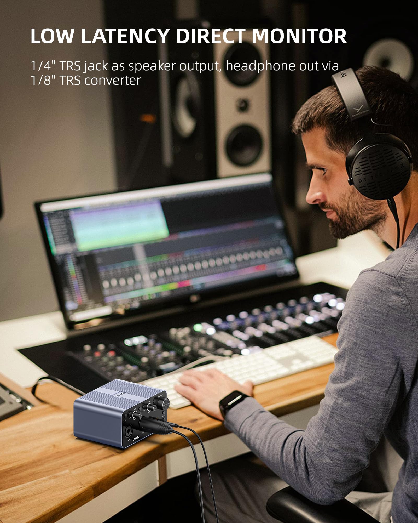 LEKATO 2i2 USB Audio Interface - 24-bit/192kHz Studio Recording Interface with XLR Inputs & 48V Phantom Power for Smartphones, Computers, Guitars, Podcasting & Music Production - Perfect for Home Studios, Live Streaming & Professional Recording Sessions