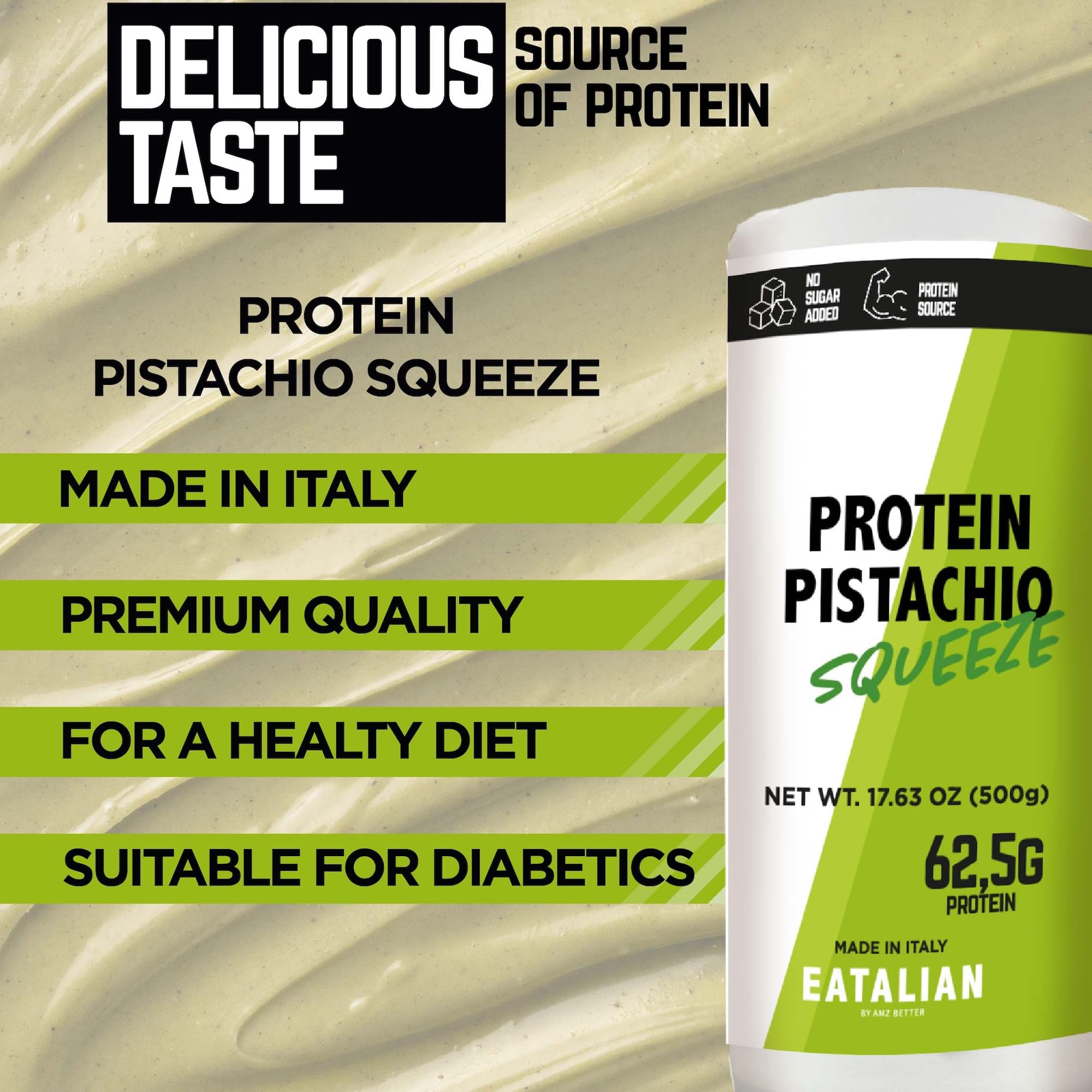 EATALIAN by AMZ BETTER Protein Pistachio Flavor Topping - 17.63oz (500g) Sweet Protein Cream in Squeeze Bottle - Made in Italy - Perfect for Ice Cream, Cakes, Desserts & Coffee Toppings