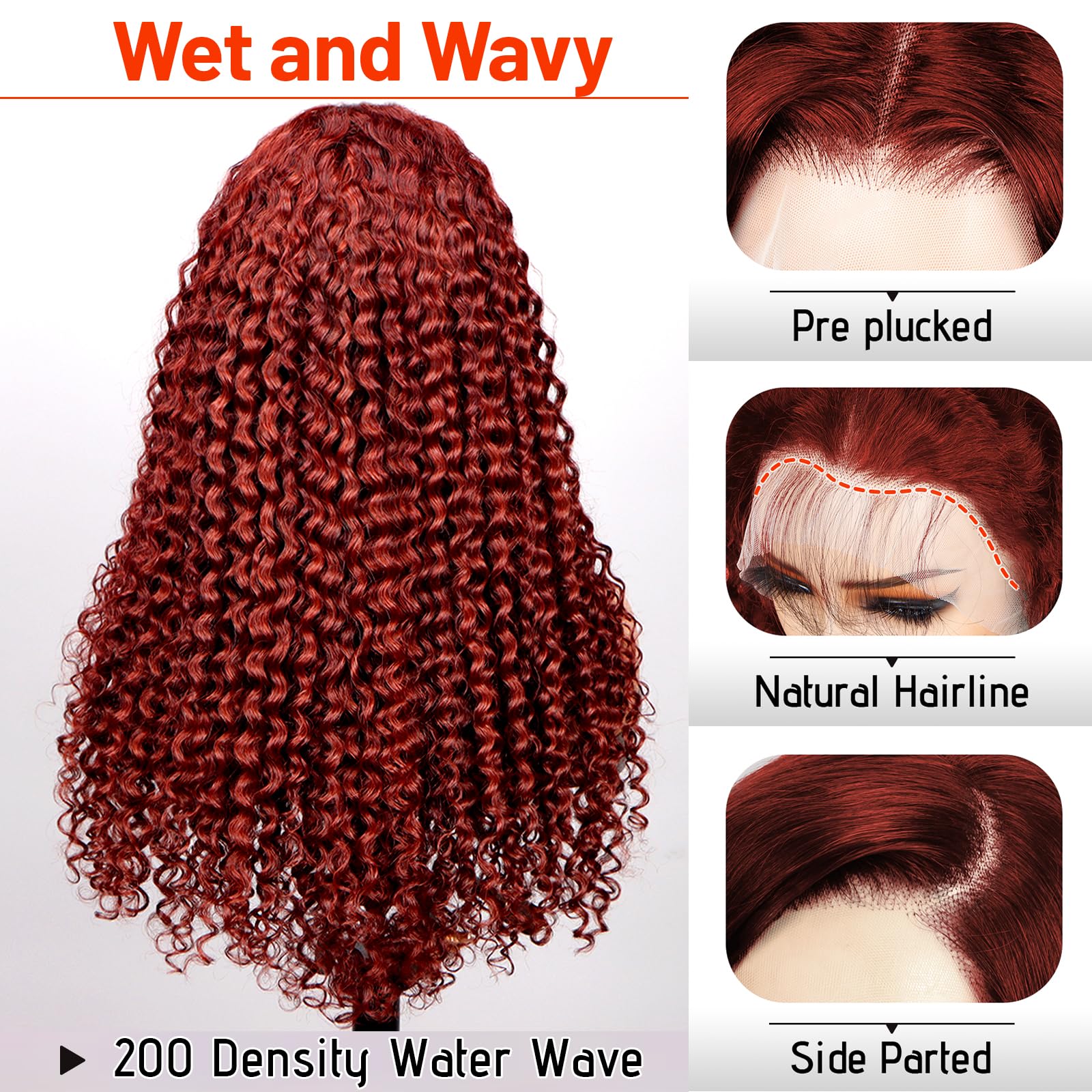 13x6 Water Wave Reddish Brown Lace Front Wig Human Hair - Pre Plucked 200% Density HD Transparent Frontal with Baby Hair | Bleached Knots Wet & Wavy Curly Wig 24 Inch for Daily Wear, Cosplay & Special Occasions