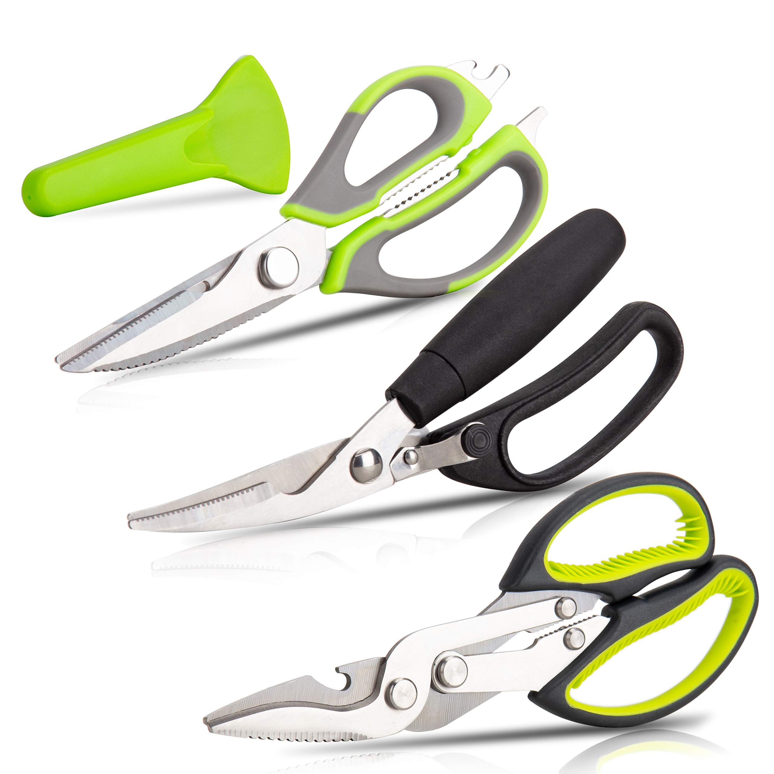 KOTTO 3-Pack Heavy Duty Kitchen Scissors Set - Stainless Steel Food Shears for Cutting Chicken, Poultry, Fish & More - Dishwasher Safe, Rustproof - Black & Green - Perfect for Meal Prep, Butchering & Cooking