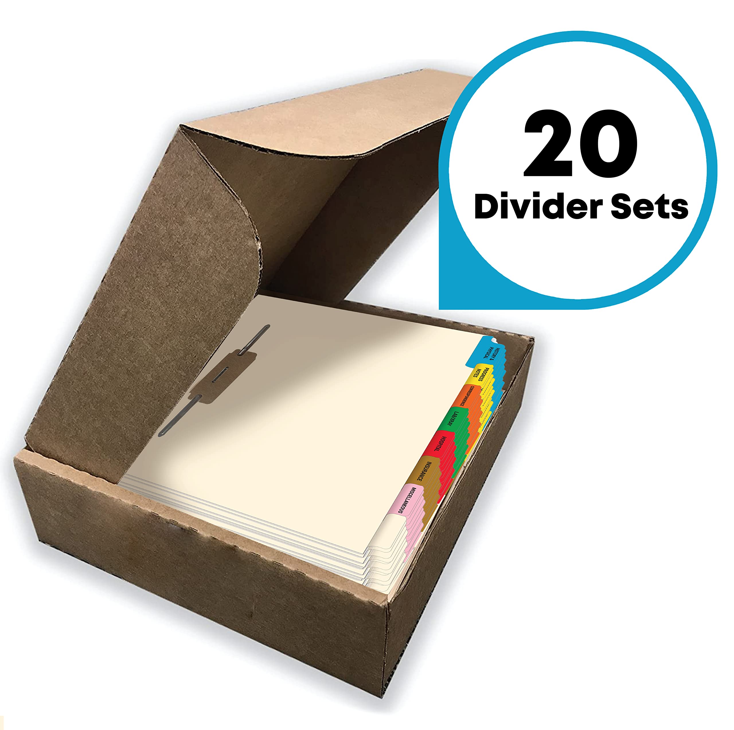 Doctor Stuff - Medical File Divider Set with Side Tabs & Fasteners (20 Sets of 8 Tabs) - Perfect for Hospital Records, Patient Charts & Medical Office Organization
