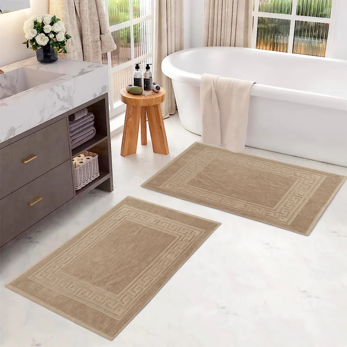 Premium Cotton 2-Piece Greek Key Border Bath Mat Set - Ultra Absorbent, Non-Slip Bathroom Rug - Perfect for Modern Bathrooms, Master Suites & Spa-Like Retreats