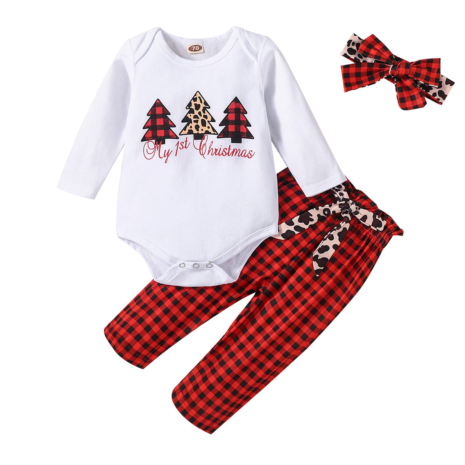 Christmas Costumes for Baby - Infant Boys & Girls Xmas Tree Letter Printed Romper Bodysuit with Pants & Headband Outfit Set | Holiday Party, Family Photo & Festive Celebration