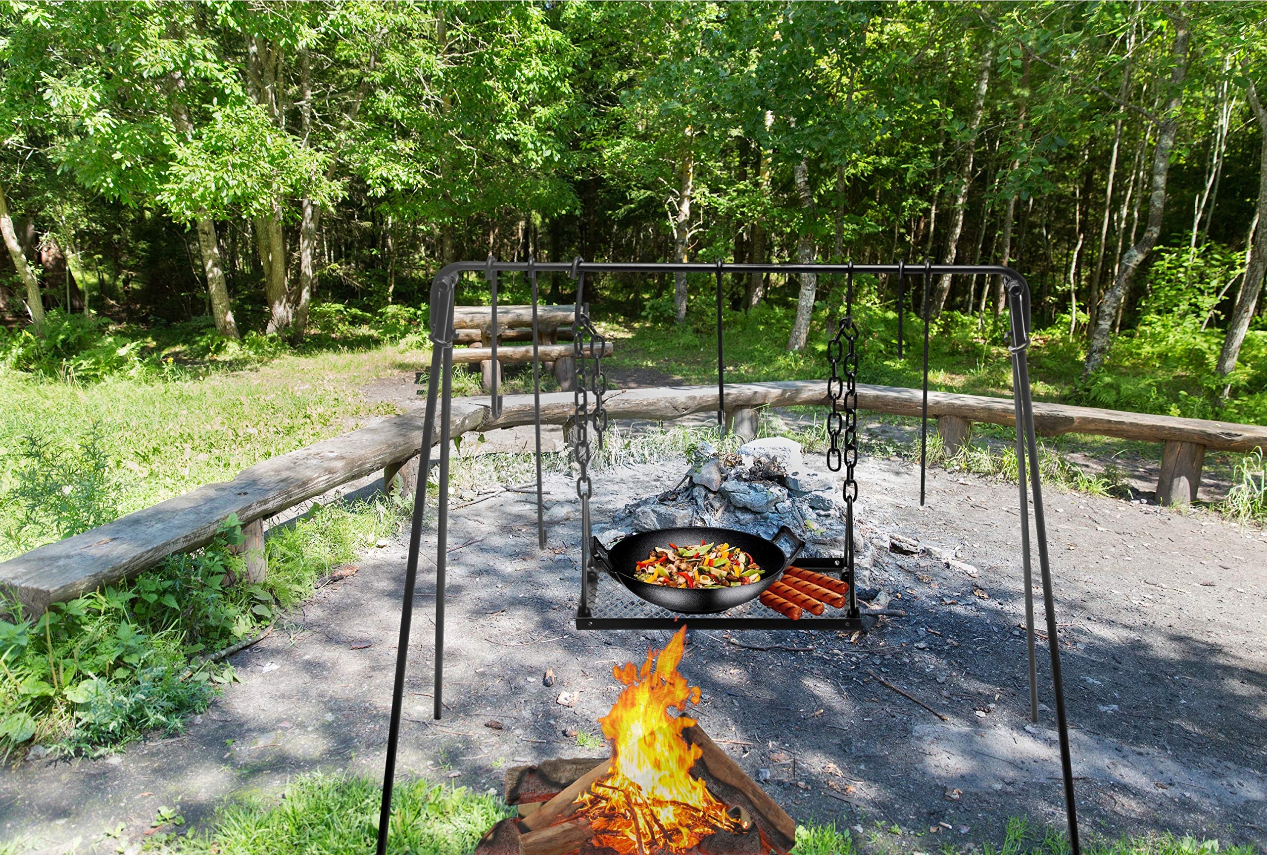Bruntmor Adjustable Campfire Grill Stand - Portable Swing Cooking Tripod for Dutch Oven & BBQ, Collapsible Legs with Hooks, Accessories & Carry Case (Black) - Perfect for Outdoor Camping, Backyard Grilling and Picnic Cooking