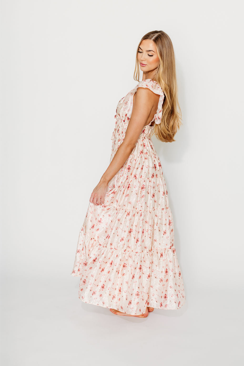 Enchanted Floral & Gingham Ruffled Maxi Dress in Pink Rose - Elegant Summer Wedding Guest Dress for Beach Parties & Outdoor Events