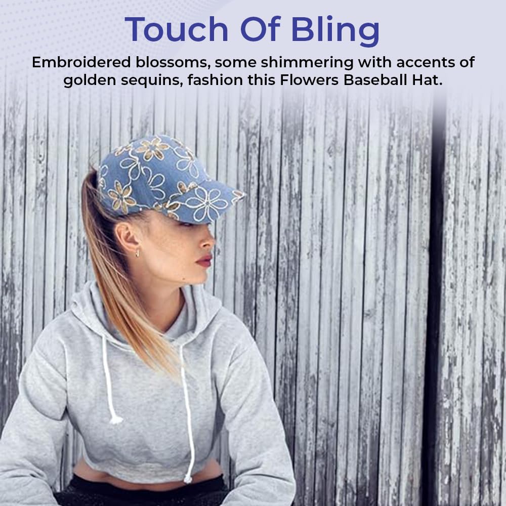 Embroidered Flowers Baseball Cap for Women - Adjustable Denim Hat with Gold Sequin Accents | 100% Cotton Fashion Sun Hat | Perfect for Outdoor Activities, Beach, and Casual Wear