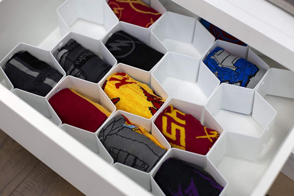 Hexagon Honeycomb Drawer Organizer Set - 8-Piece Customizable Plastic Partition for Underwear, Socks, Belts & Ties | Space-Saving Storage Solution for Dressers, Closets & Travel Organizers (White)