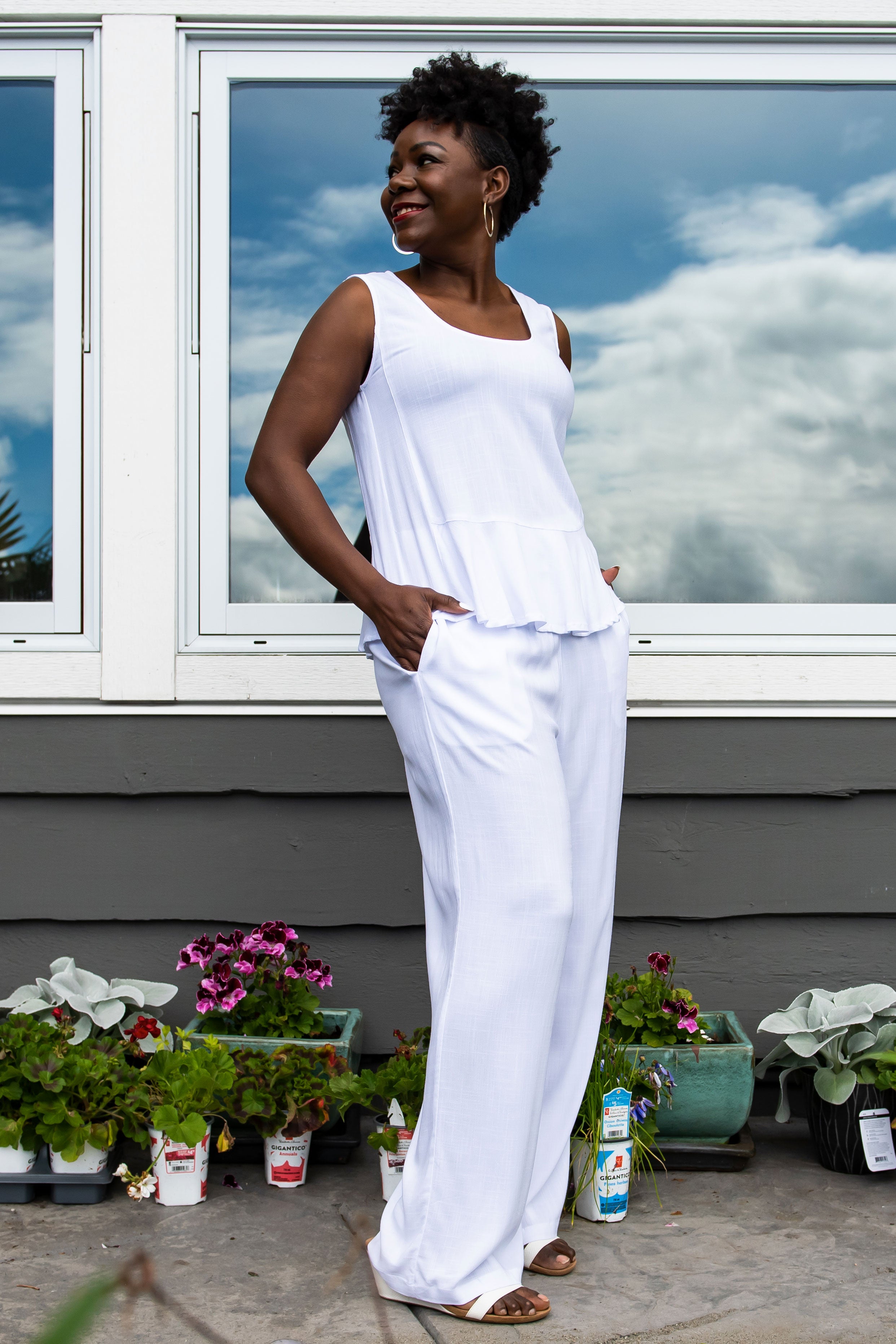 Ginny Tank Top - White Linen Bamboo Blend Women's T-Shirt | Soft Breathable Casual Wear for Summer, Yoga & Everyday Outfits
