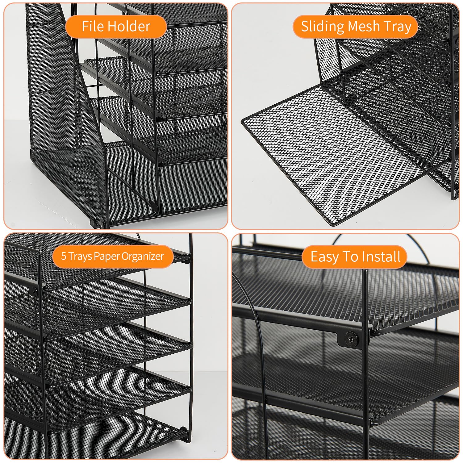 5-Tier Paper Letter Tray Organizer with File Holder - Black Desk Organizer for Office Supplies | Perfect for Home Office, School & Workspace Organization